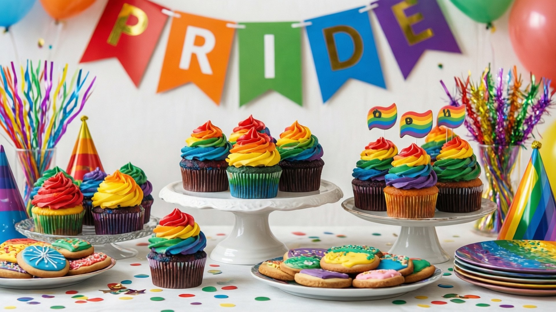 Pride Party Table 壁紙 — 彩虹糖霜杯子蛋糕和餅乾陳列在層架架上，下方有色彩繽紛的驕傲橫幅、氣球和派對帽。