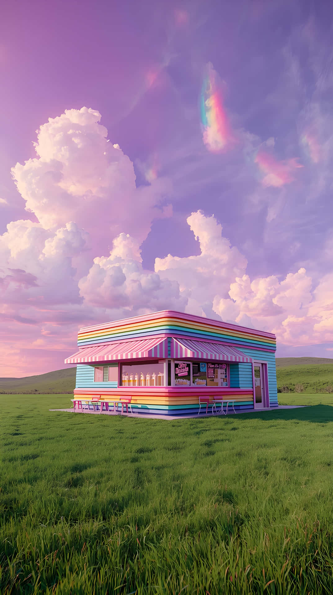 在綠色田野中，紫色天空下的一個彩色冰淇淋攤位 — Pastel 壁紙