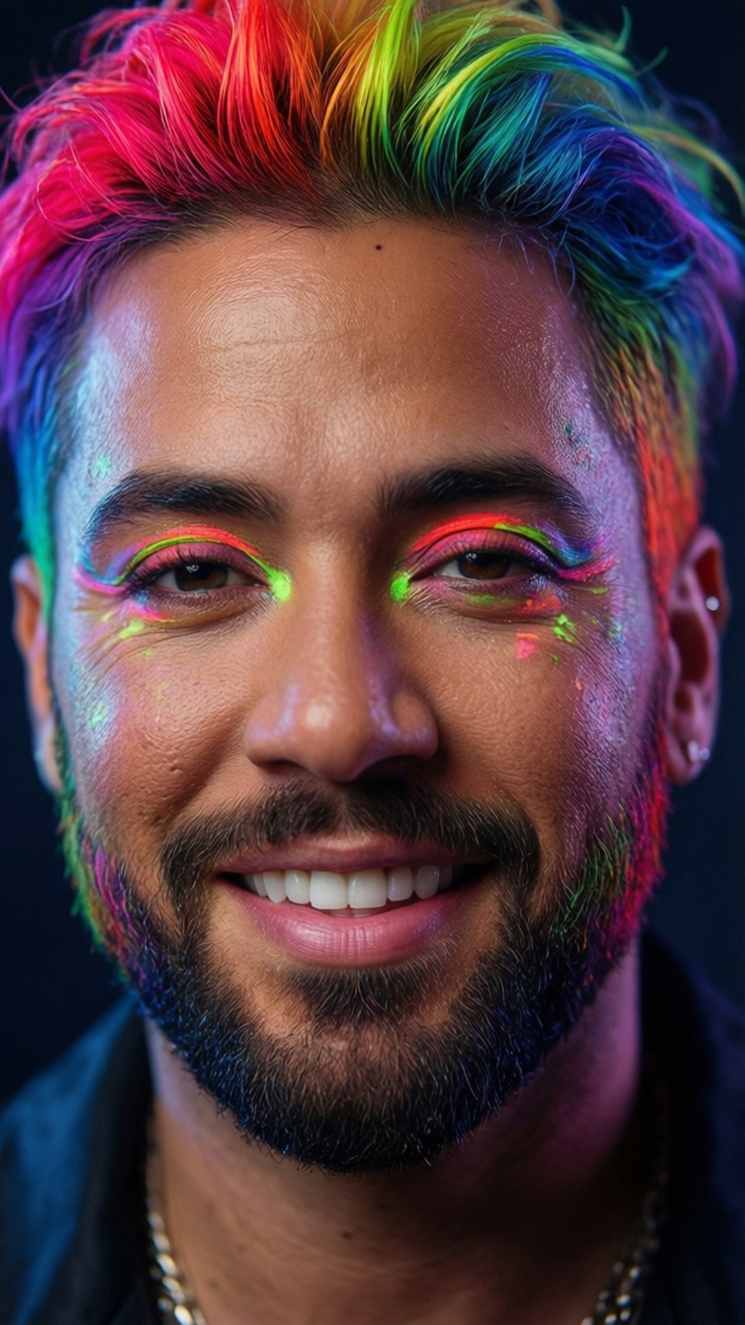 Rainbow Hair Close-Up 壁紙 — 一個擁有充滿活力的彩虹頭髮和霓虹妝容的男人在黑暗背景下溫暖地微笑。
