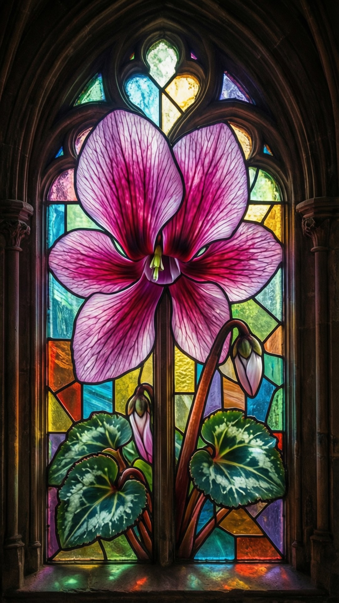 Stained Glass Cyclamen 壁紙 — 一幅充滿活力的彩繪玻璃窗，以色彩繽紛的幾何背景襯托著一朵帶有綠色葉子的大型紫色紫羅蘭花。