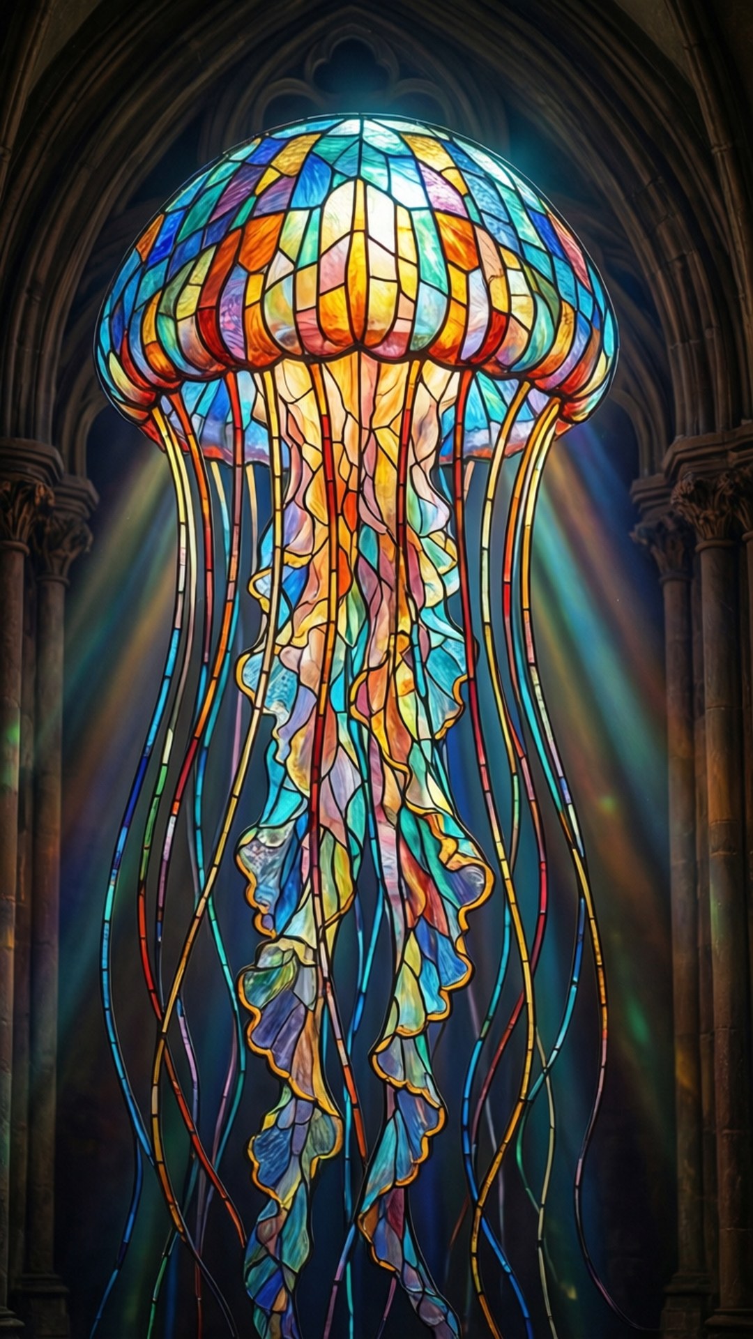 Stained Glass Jelly 壁紙 — 一盞色彩鮮豔的彩繪玻璃水母漂浮在大教堂中，其觸鬚在拱形石柱間閃爍著彩虹色調。