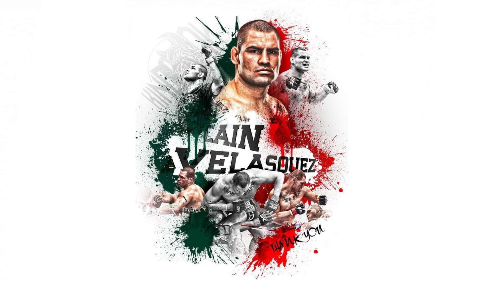 UFC 桌布 壁紙 — Cain Velasquez 的動態拼貼畫，展示他的搏鬥姿勢，周圍有紅色和綠色的油漆濺點，還有他的名字和感謝文字。