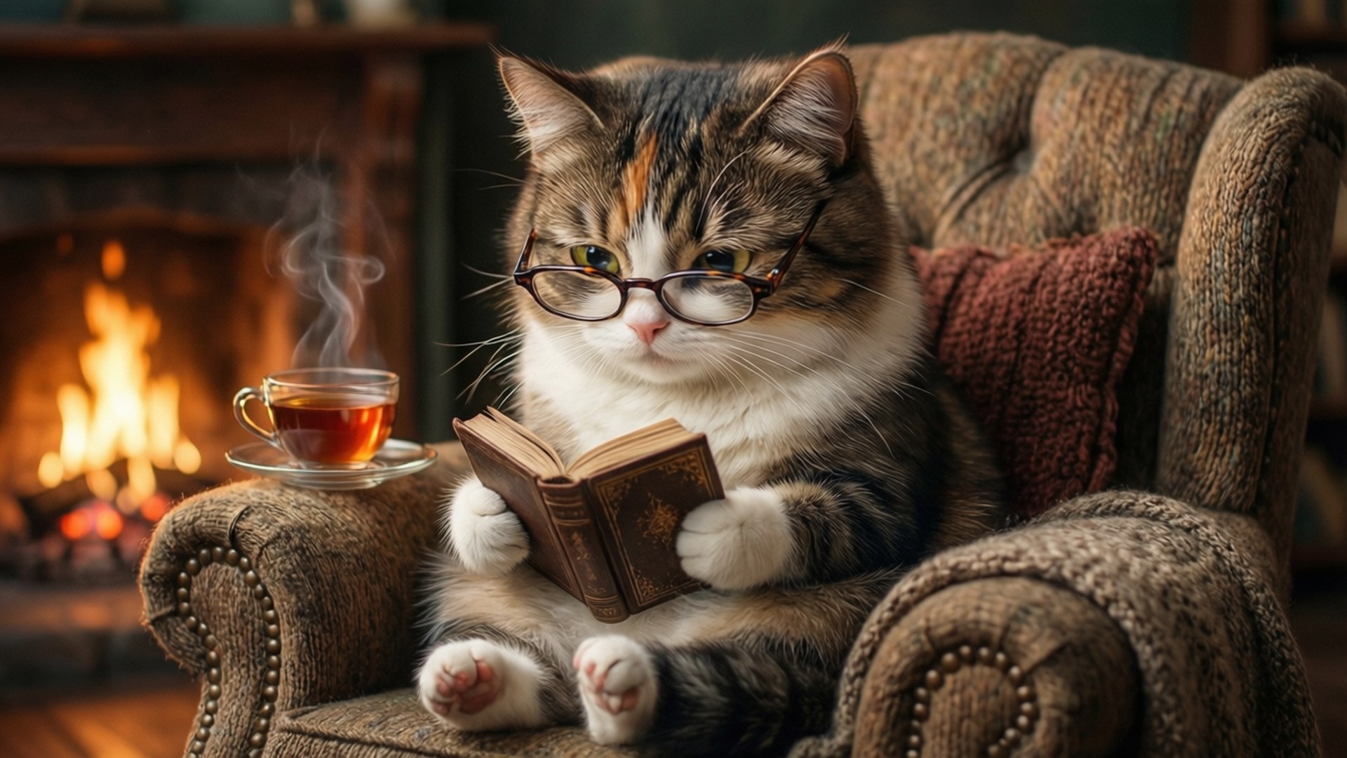 Cozy Reading Time 壁紙 — 一隻戴眼鏡的三色貓在舒適的扶手椅上閱讀一本書，旁邊有一杯冒煙的茶和溫暖的壁爐。
