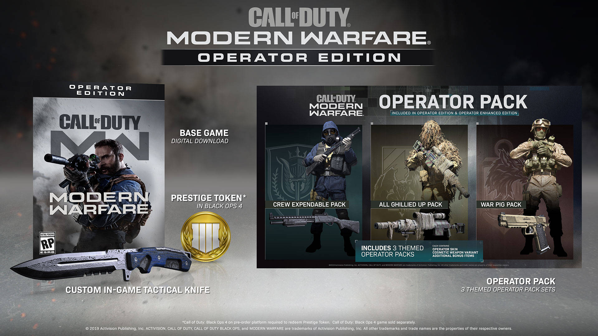 使命召喚 桌布 壁紙 — Call of Duty Modern Warfare Operator Edition 宣傳藝術作品，展示遊戲盒、特戰兵組合包和一把自訂戰術刀。