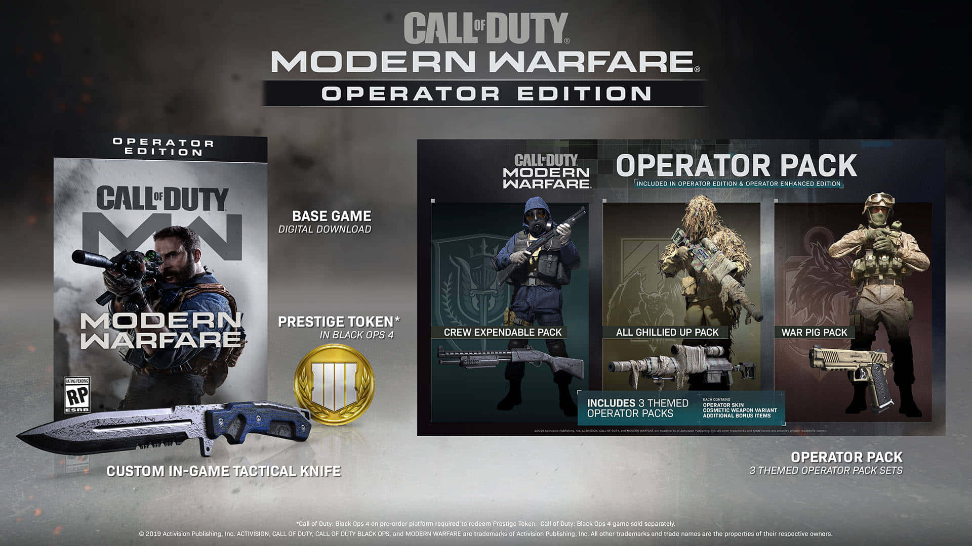 Best Call Of Duty Black Ops 4 桌布 壁紙 — 《Call of Duty Modern Warfare Operator Edition》的宣傳藝術作品，展示遊戲封面、特戰兵組合包和一把自訂戰術刀。