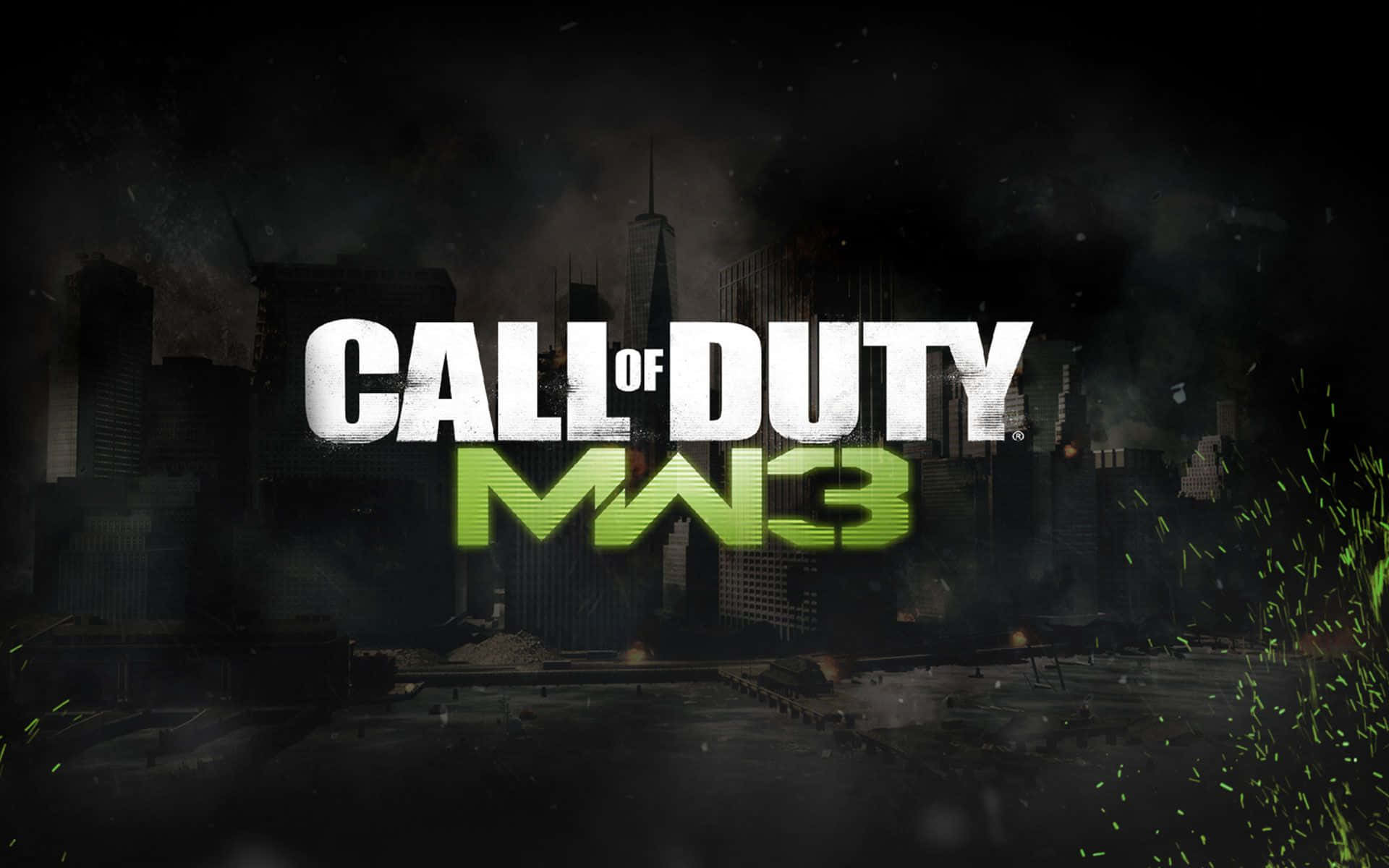 Call Of Duty Modern Warfare 3 桌布 壁紙 — Call of Duty MW3 標誌在黑暗煙霧彌漫、高樓大廈崩塌的城市戰場上發出綠色光芒。