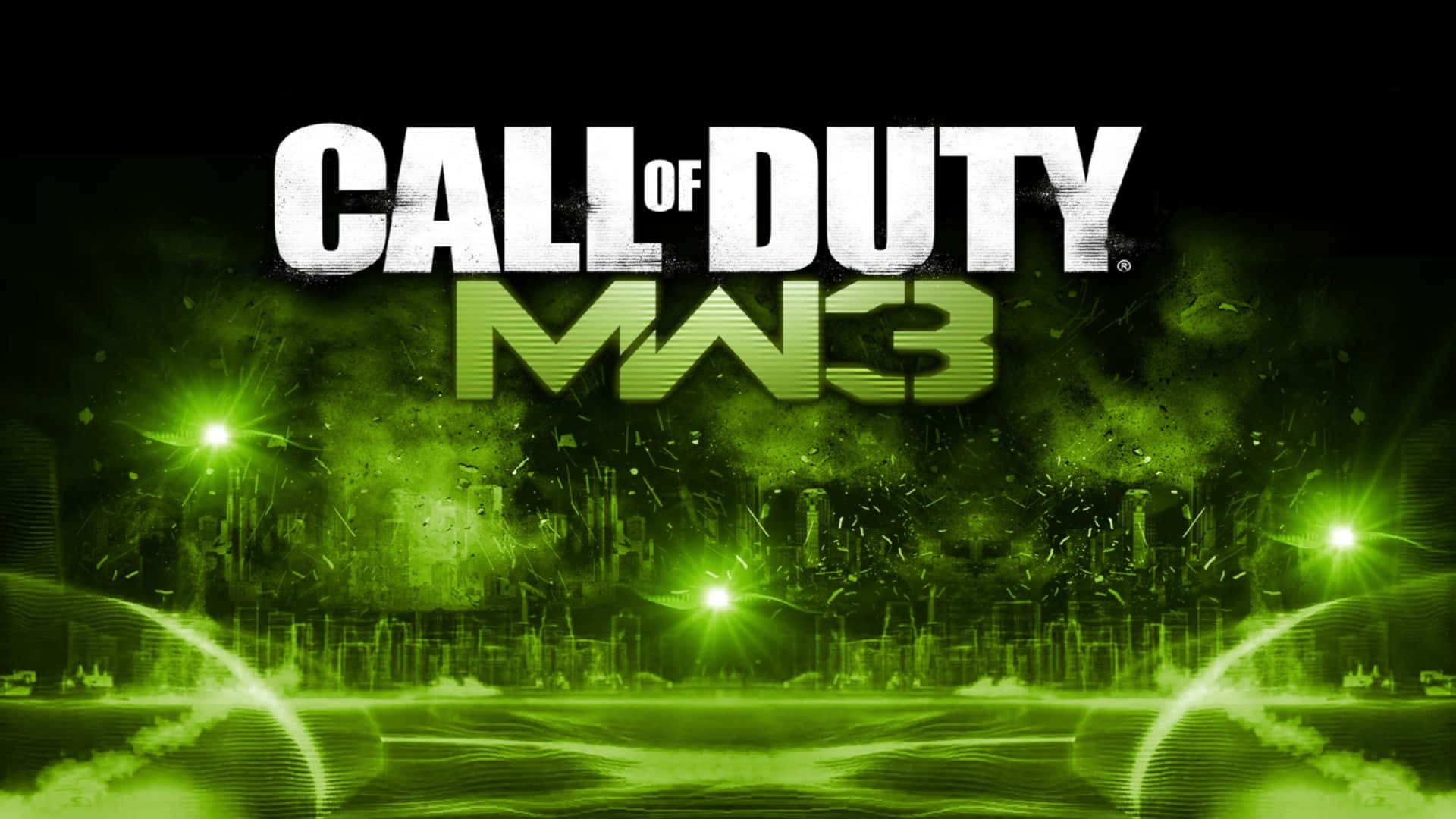 Call Of Duty Modern Warfare 3 桌布 壁紙 — Call of Duty MW3 標誌在黑暗的城市戰場上發出霓虹綠光，並帶有發光的燈光和煙霧效果。