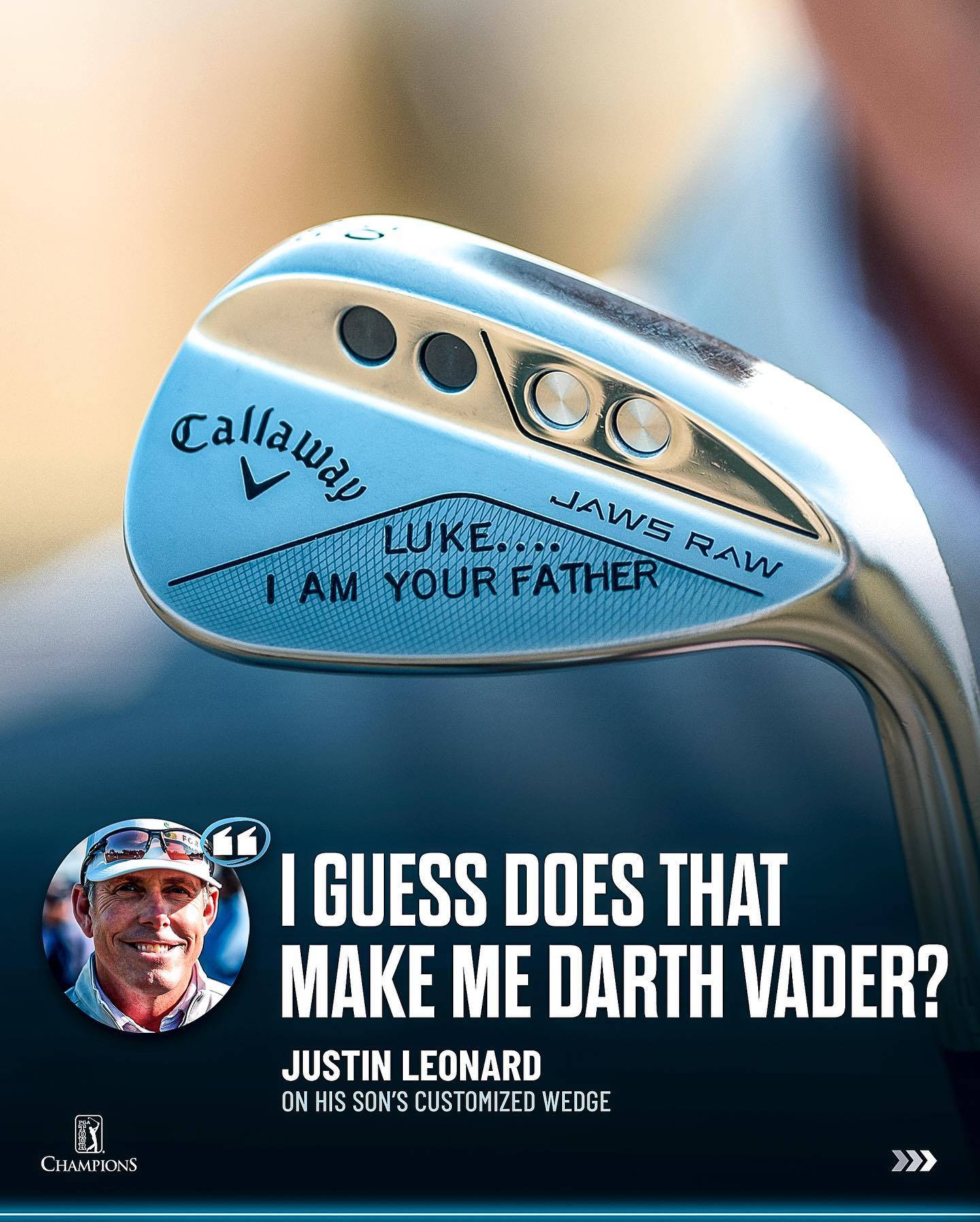 桌布 壁紙 — Callaway 高爾夫挖起桿的特寫，刻有「Luke...我是你父親」，幽默地引用黑武士，下方是Justin Leonard的名言。