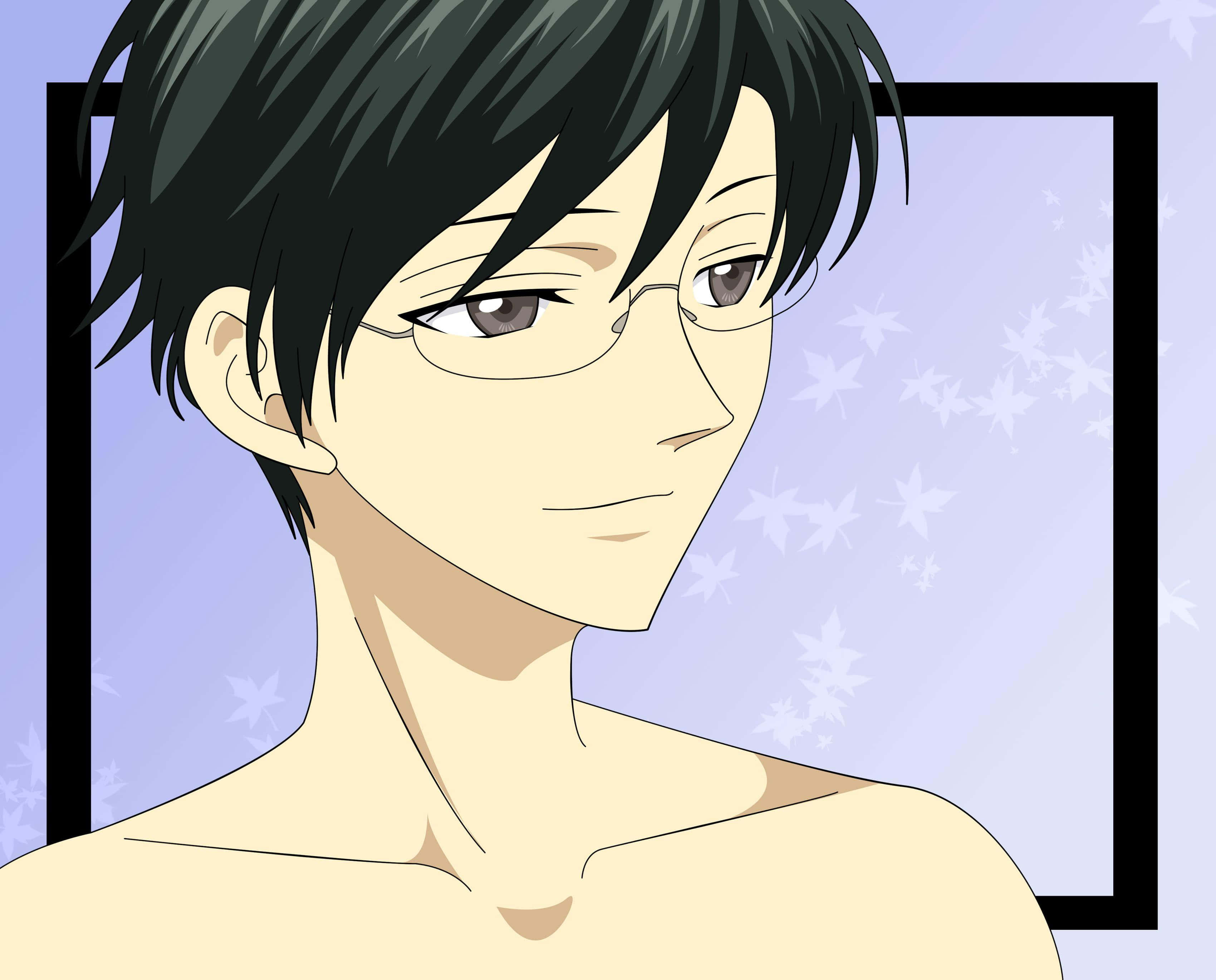 Kyoya Ootori 桌布 壁紙 — 一個冷靜的動畫男性，深色頭髮和眼鏡，在帶有楓葉圖案的薰衣草背景上柔和地凝視。