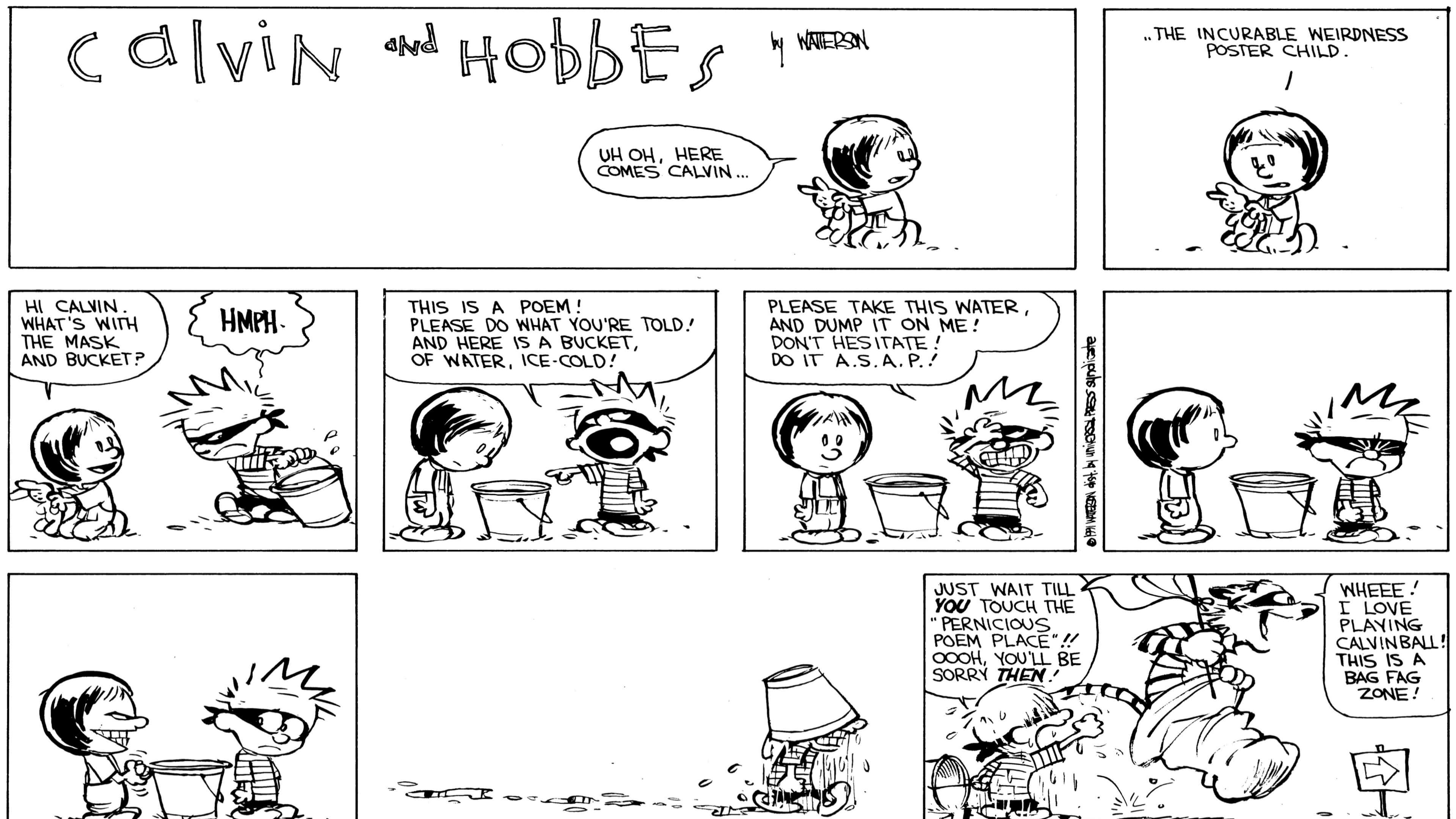 桌布 壁紙 — Calvin 和 Hobbes 漫畫條，展示 Calvin 用一桶水進行混亂的惡作劇，以及 Hobbes 覺得有趣的反應。