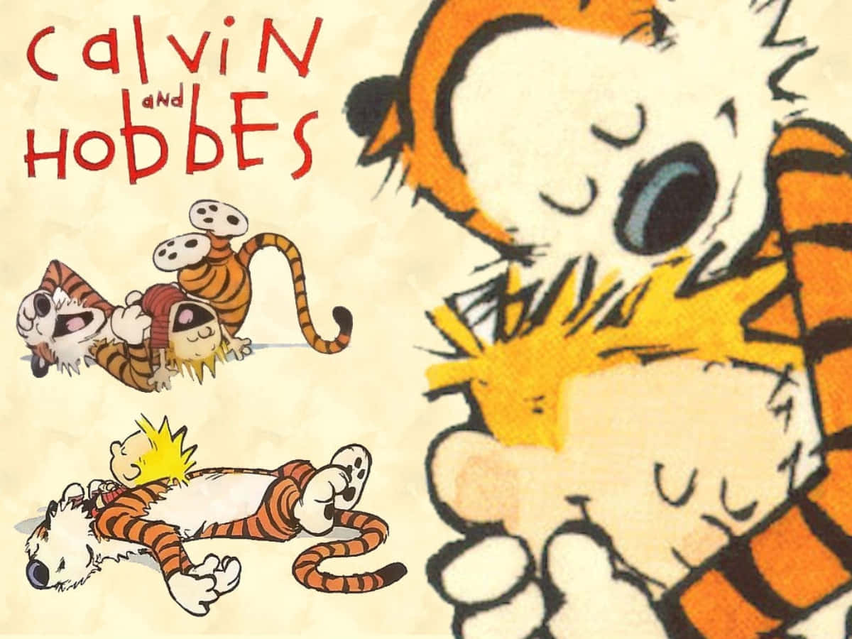poster 桌布 壁紙 — Calvin 和 Hobbes 漫畫角色在奶油色背景上以俏皮姿勢呈現，帶有紅色標題文字。