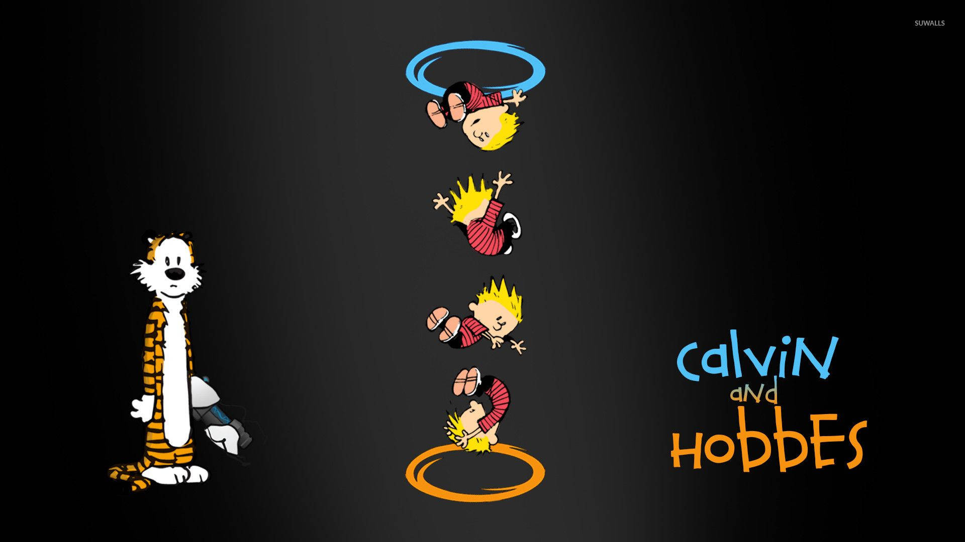 Hobbes 桌布 壁紙 — Calvin 和 Hobbes 卡通角色在深色漸變背景上進行空中雜技，帶有漫畫標題。