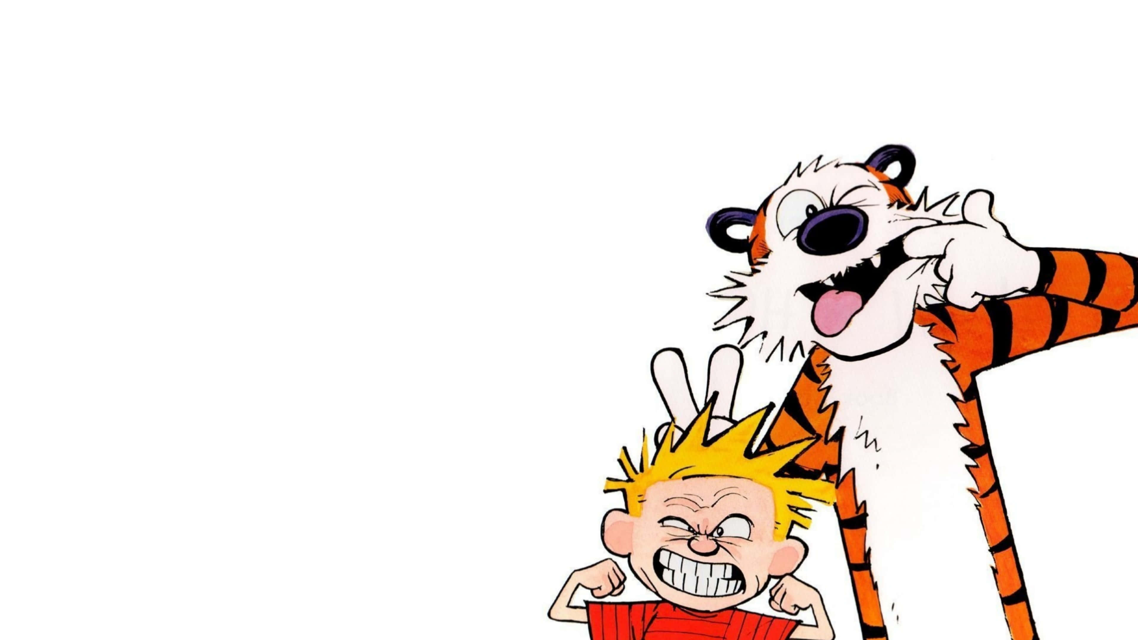 桌布 壁紙 — Calvin 和他的老虎朋友 Hobbes 在純白背景前頑皮地咧嘴笑。