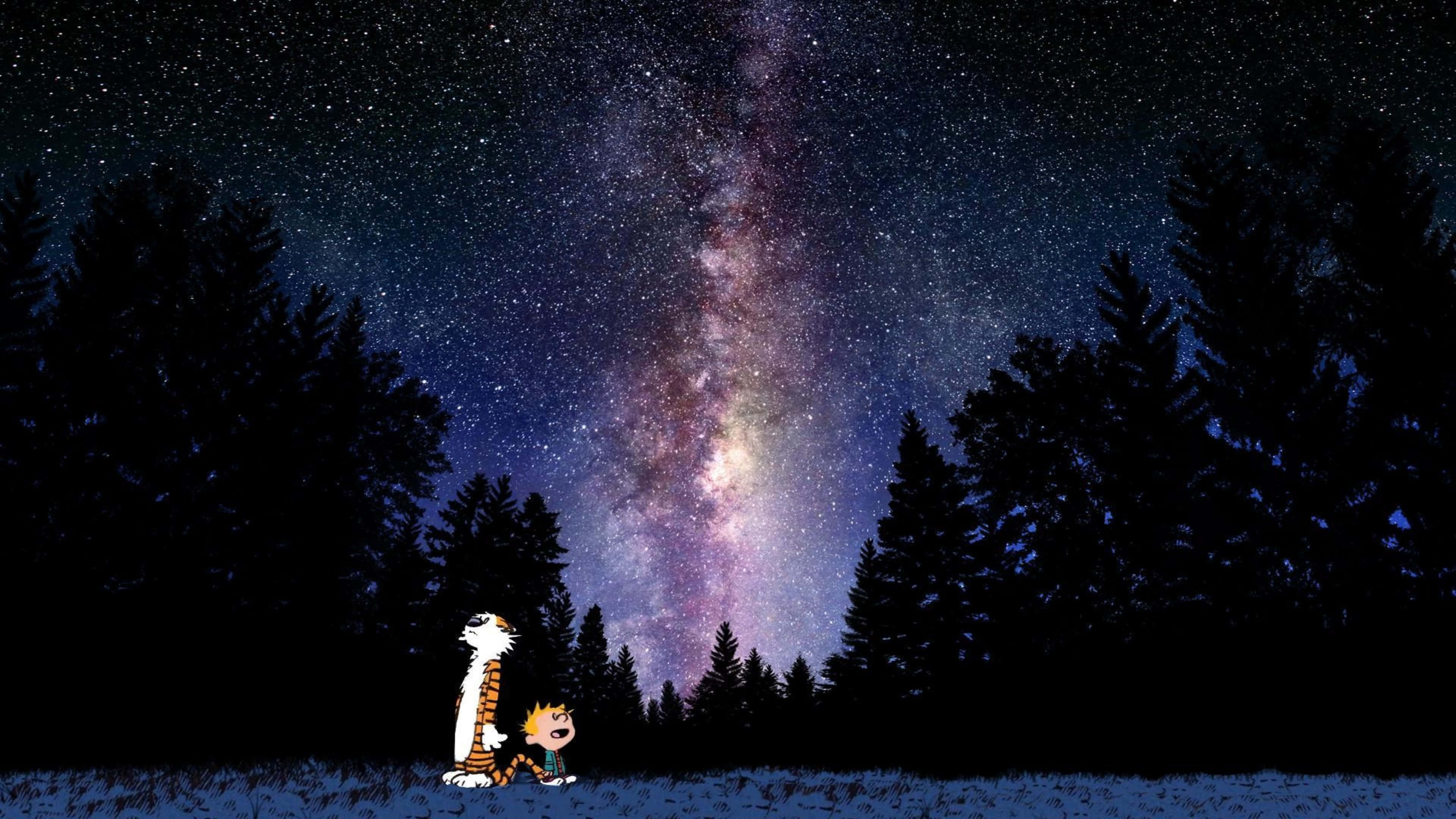 桌布 壁紙 — Calvin和Hobbes驚嘆地仰望在夜晚雪林上方閃耀的銀河系。