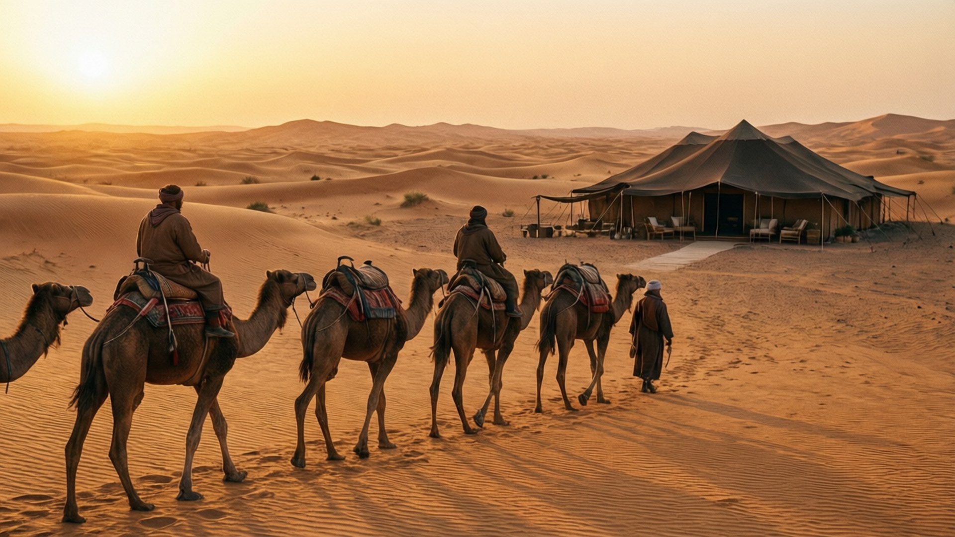 Desert Camel Caravan 壁紙 — 一隊駱駝商隊帶著騎手，在金色日落時分走向沙漠帳篷營地。