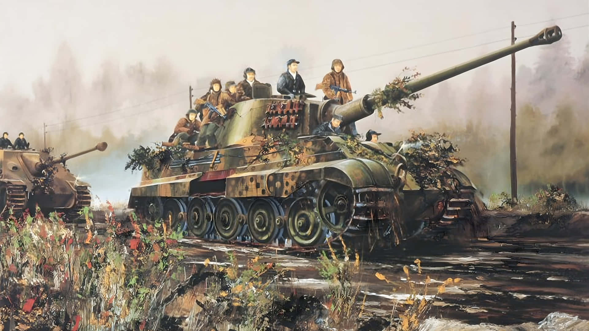  壁紙 — 一輛迷彩坦克載著士兵穿過泥濘的田野，背景中煙霧升騰。