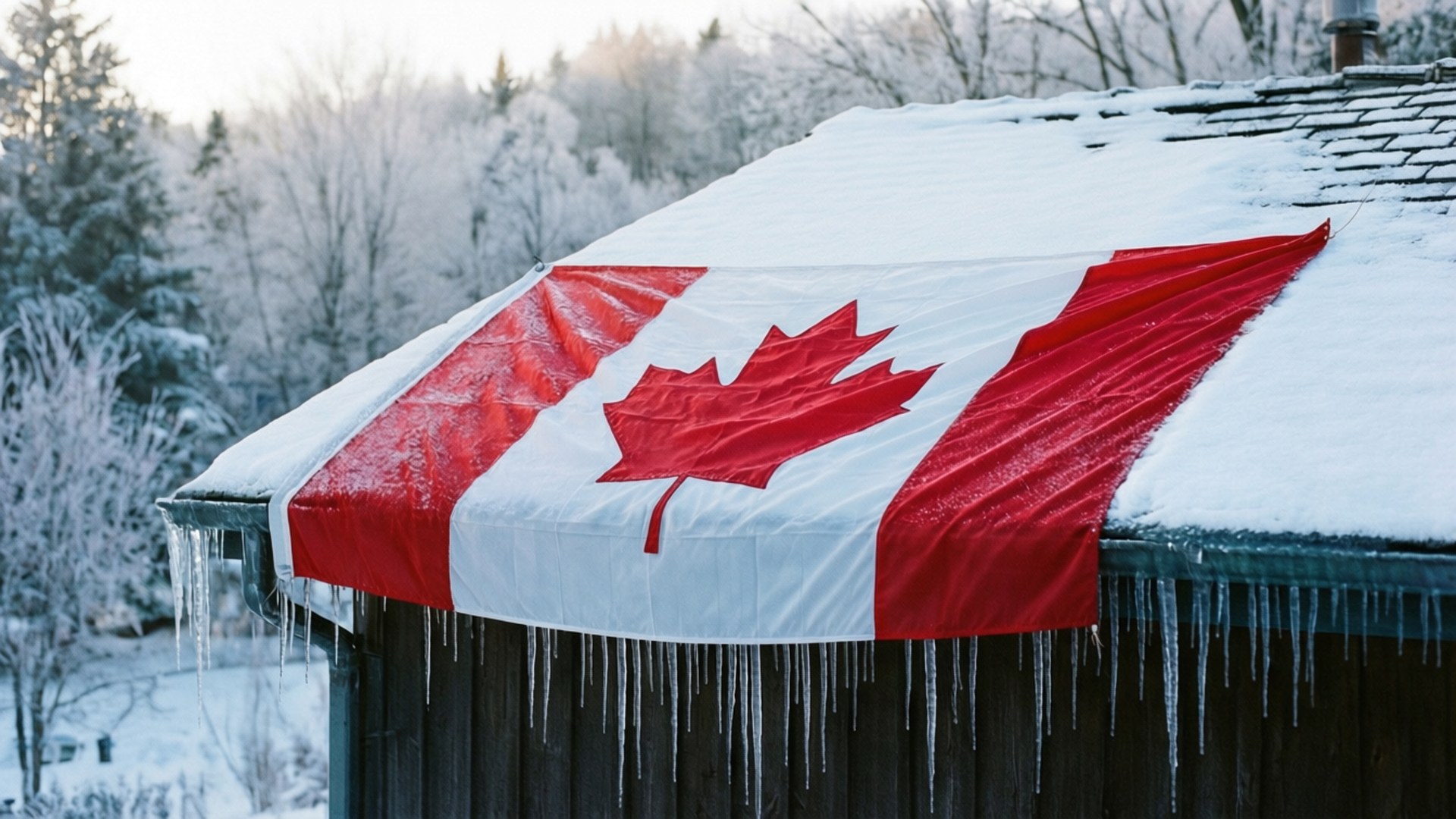 Winter Roof Flag 壁紙 — 加拿大國旗披在積雪的屋頂上，下方懸掛著冰柱，位於冬季森林中。