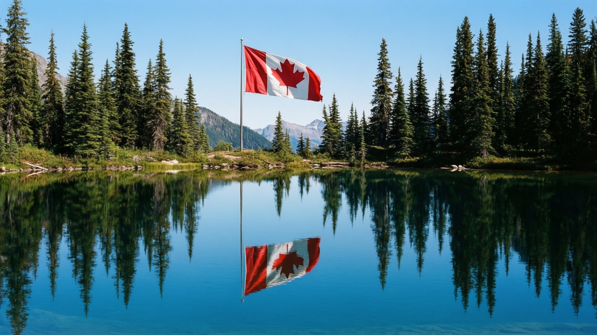 Lake Reflection Flag 壁紙 — 加拿大國旗在晴朗藍天下，於寧靜湖泊旁、高聳松樹和遠山環繞中自豪地飄揚。