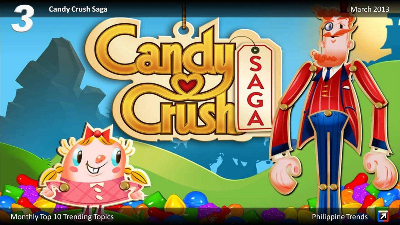 彩色動圖 桌布 壁紙 — Candy Crush Saga 遊戲標題畫面，以卡通角色和色彩繽紛的糖果為特色，背景為明亮風景。