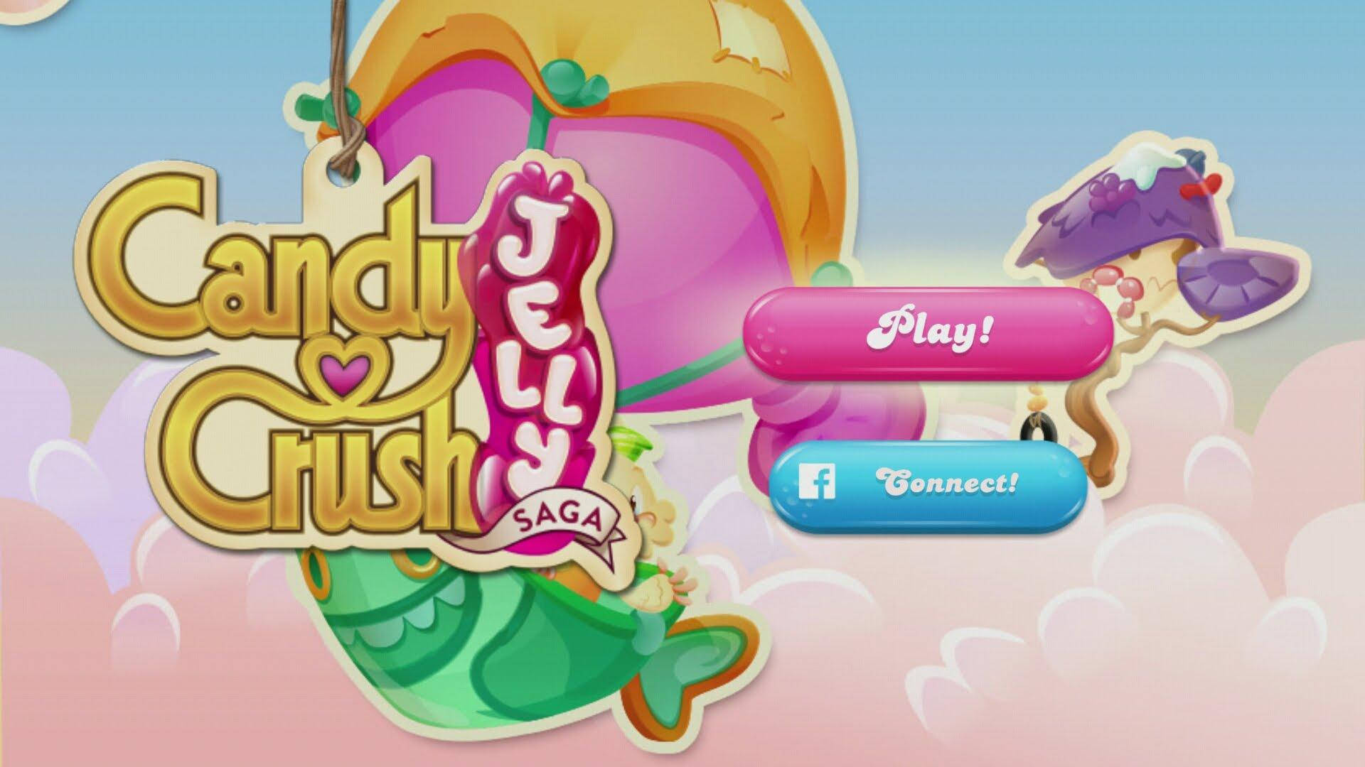 遊戲 桌布 壁紙 — Candy Crush Saga 遊戲標題畫面，以粉彩天空為背景，有色彩繽紛的果凍主題角色和遊戲按鈕。