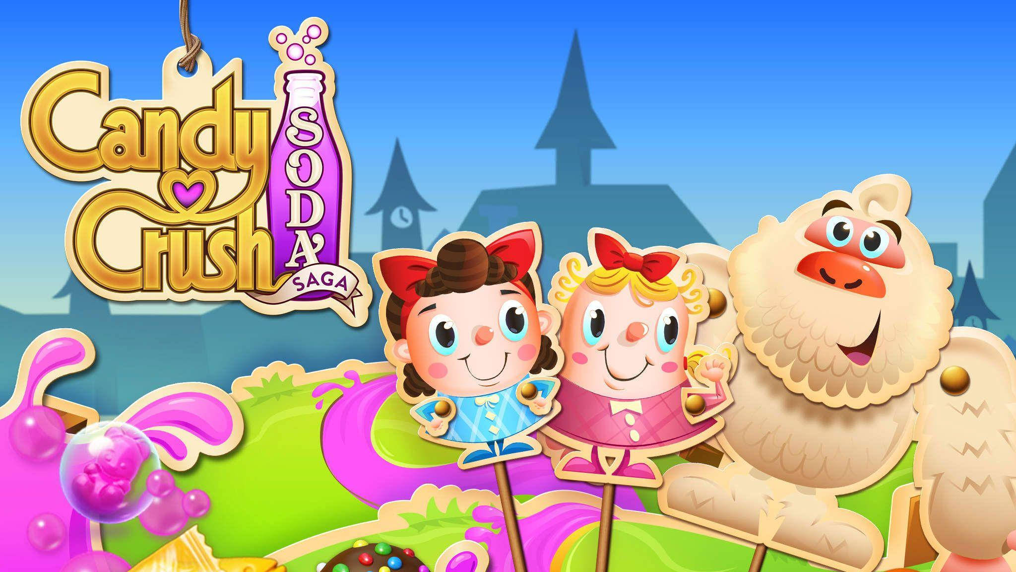 彩色動圖 桌布 壁紙 — Candy Crush Soda Saga角色在一個有城堡剪影的奇幻糖果主題背景下開心微笑。