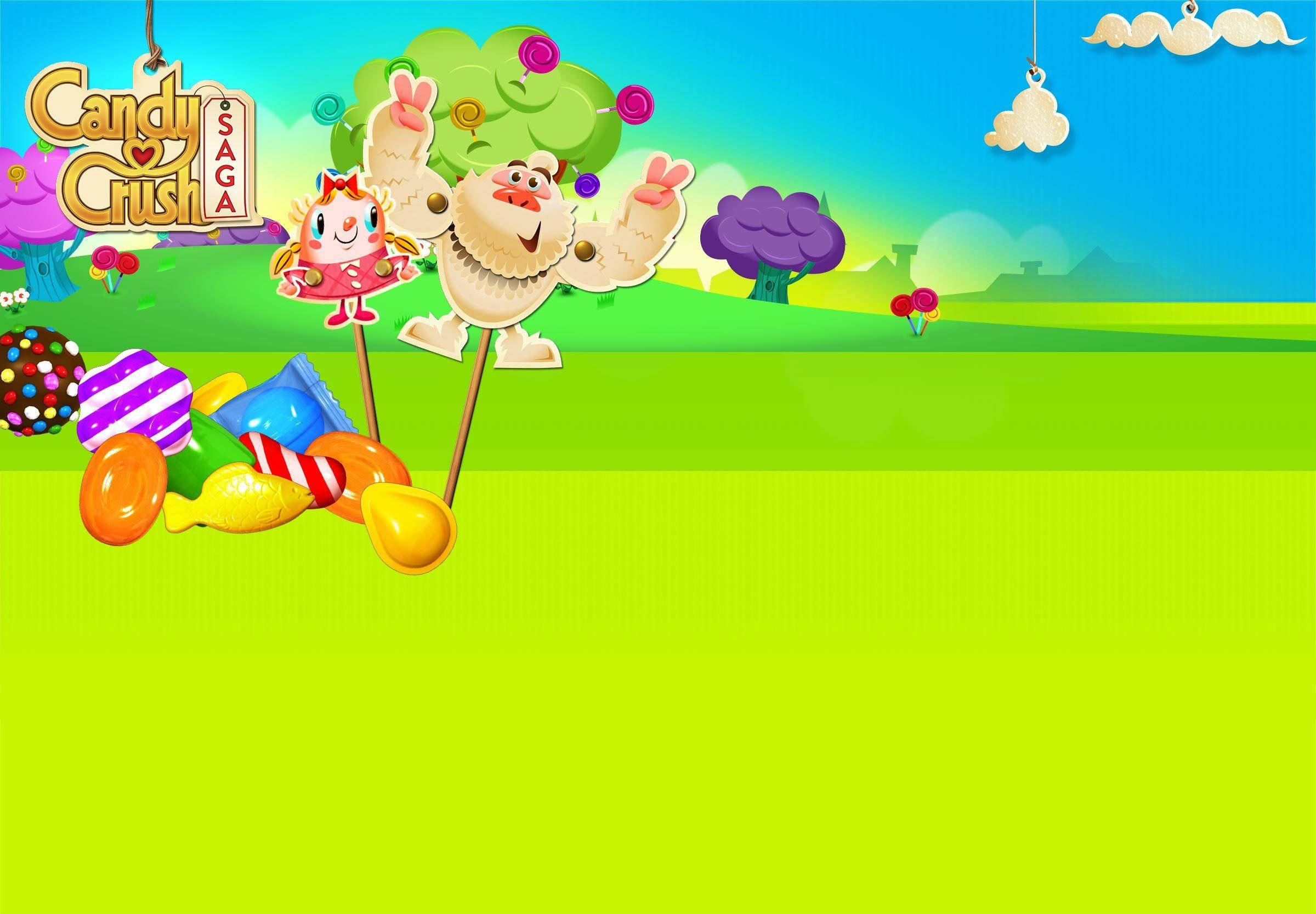 遊戲 桌布 壁紙 — Candy Crush 角色和糖果漂浮在明亮的卡通景觀中，周圍有色彩繽紛的樹木和懸掛的雲朵。