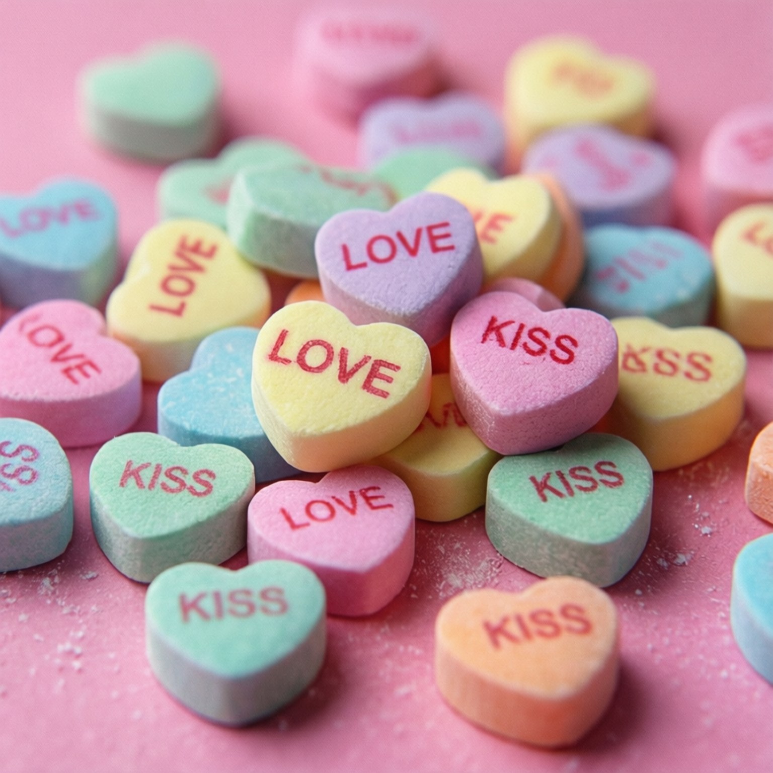 Candy Hearts 甜蜜 壁紙 — 粉紅色表面上散落著帶有「LOVE」和「KISS」文字的粉彩心形糖果。