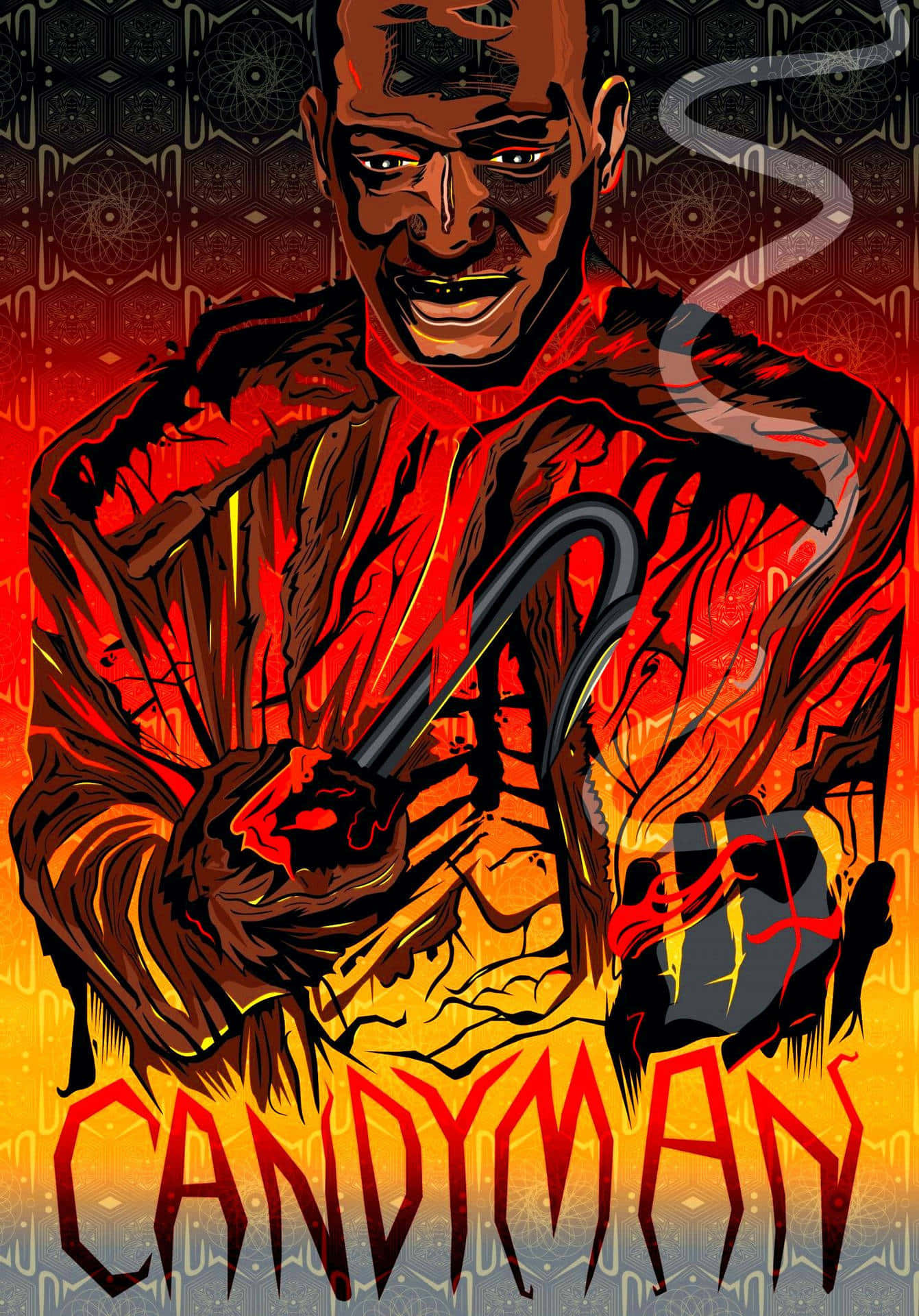 Candyman 桌布 壁紙 — Candyman 手持鉤子，煙霧升起的風格化插圖，背景為火紅和橙色的漸變。