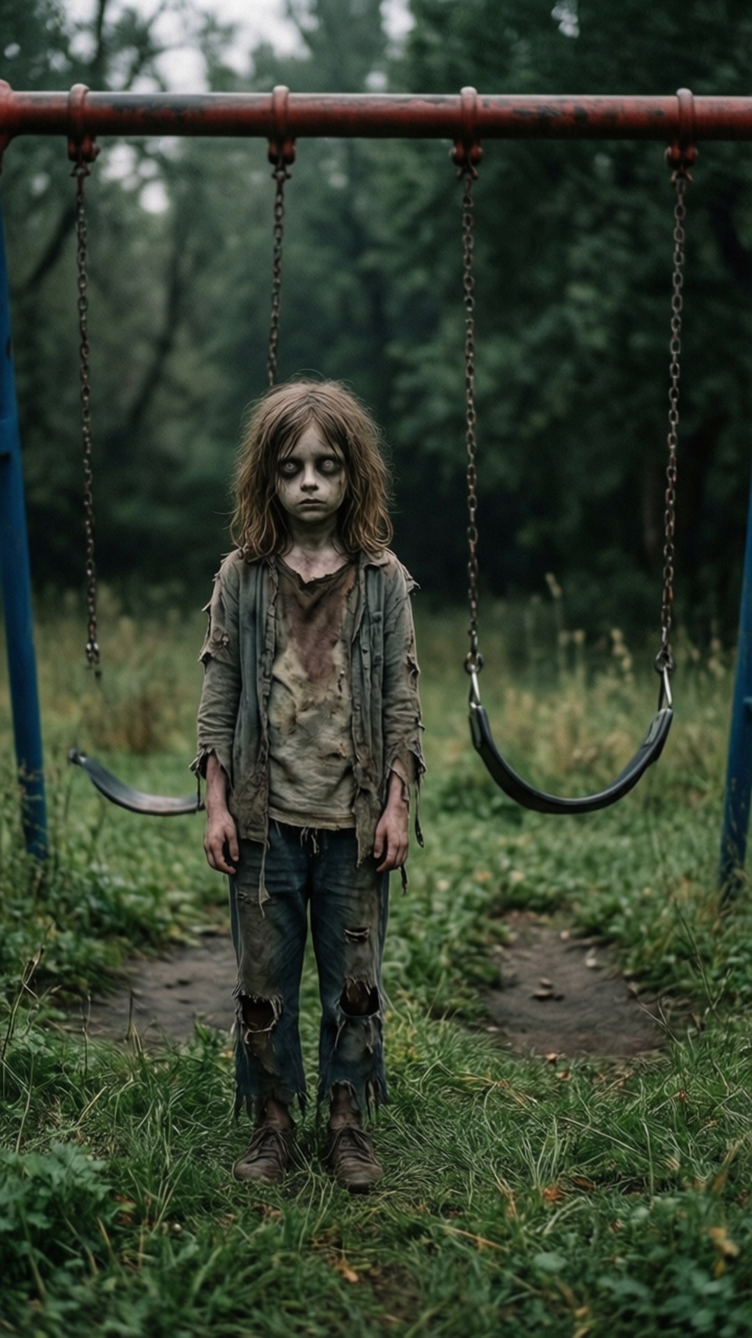 Child of Ruin 壁紙 — 一個蒼白的喪屍小孩穿著破爛衣服，在一個雜草叢生、被遺棄的遊樂場的鏽蝕鞦韆架下一動不動地站著。