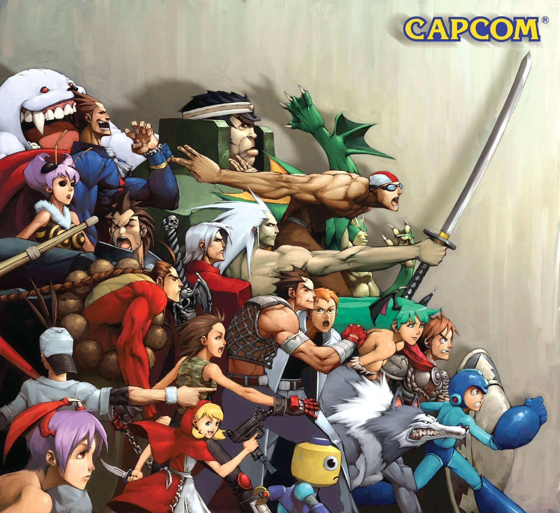 Capcom 桌布 壁紙 — Capcom 經典電玩角色在混亂、充滿動作的群體姿勢中的動態插圖。