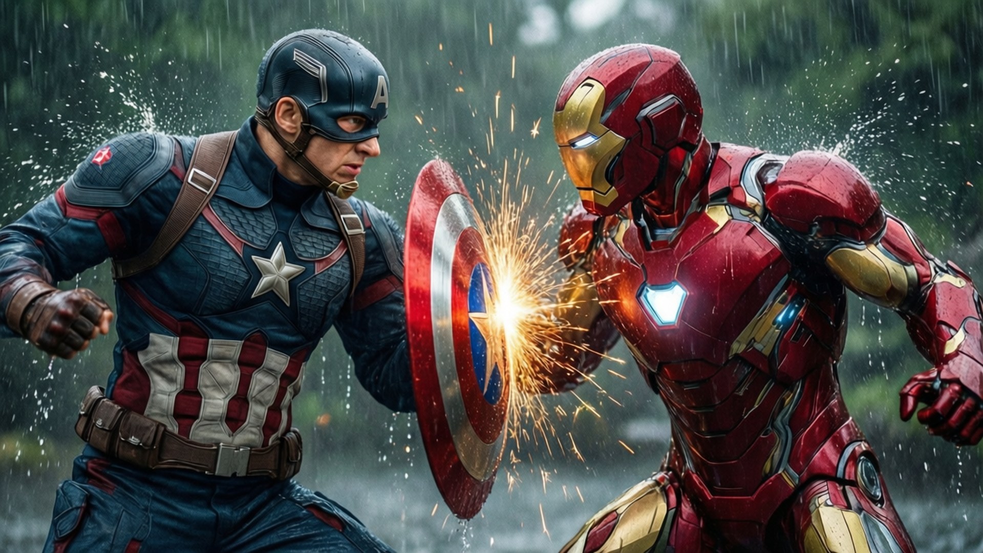 Civil War Clash 壁紙 — 美國隊長和鋼鐵人在暴雨中交鋒，他們的盾牌在戰鬥中迸發出火花，周圍水滴飛濺。
