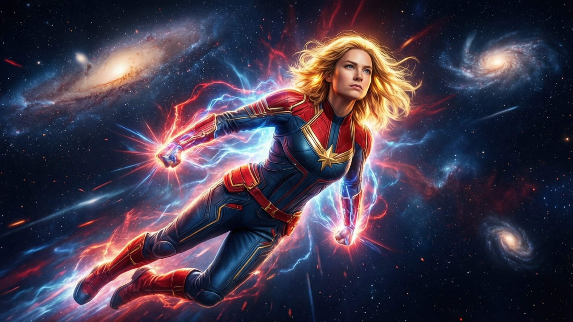 Captain Marvel Cosmic Flight 壁紙 — 驚奇隊長在宇宙空間中翱翔，在旋轉星系和星場的背景下釋放能量爆炸。