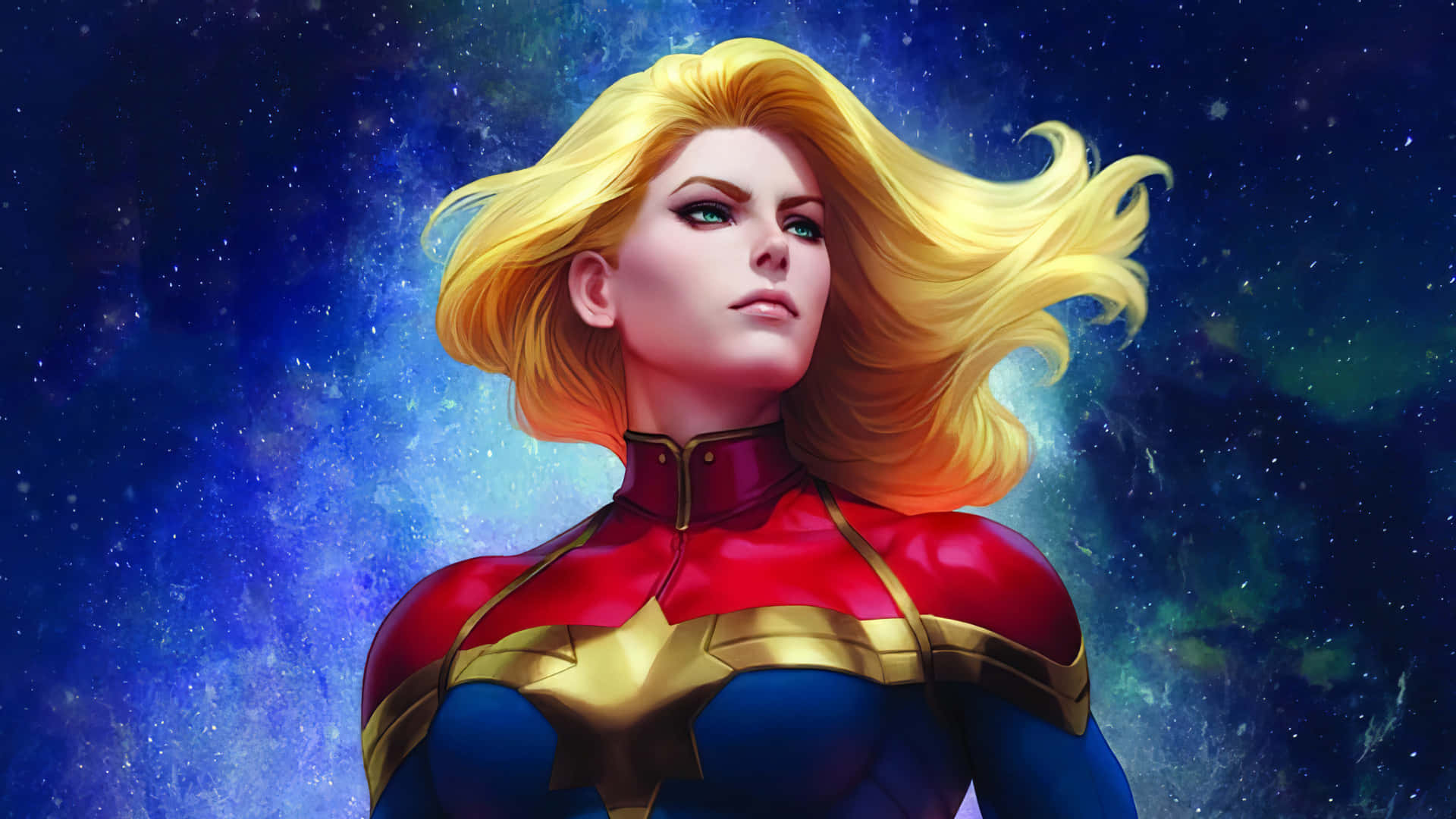  壁紙 — Captain Marvel 英雄地站在充滿旋轉星雲和閃爍星星的鮮豔宇宙背景前。