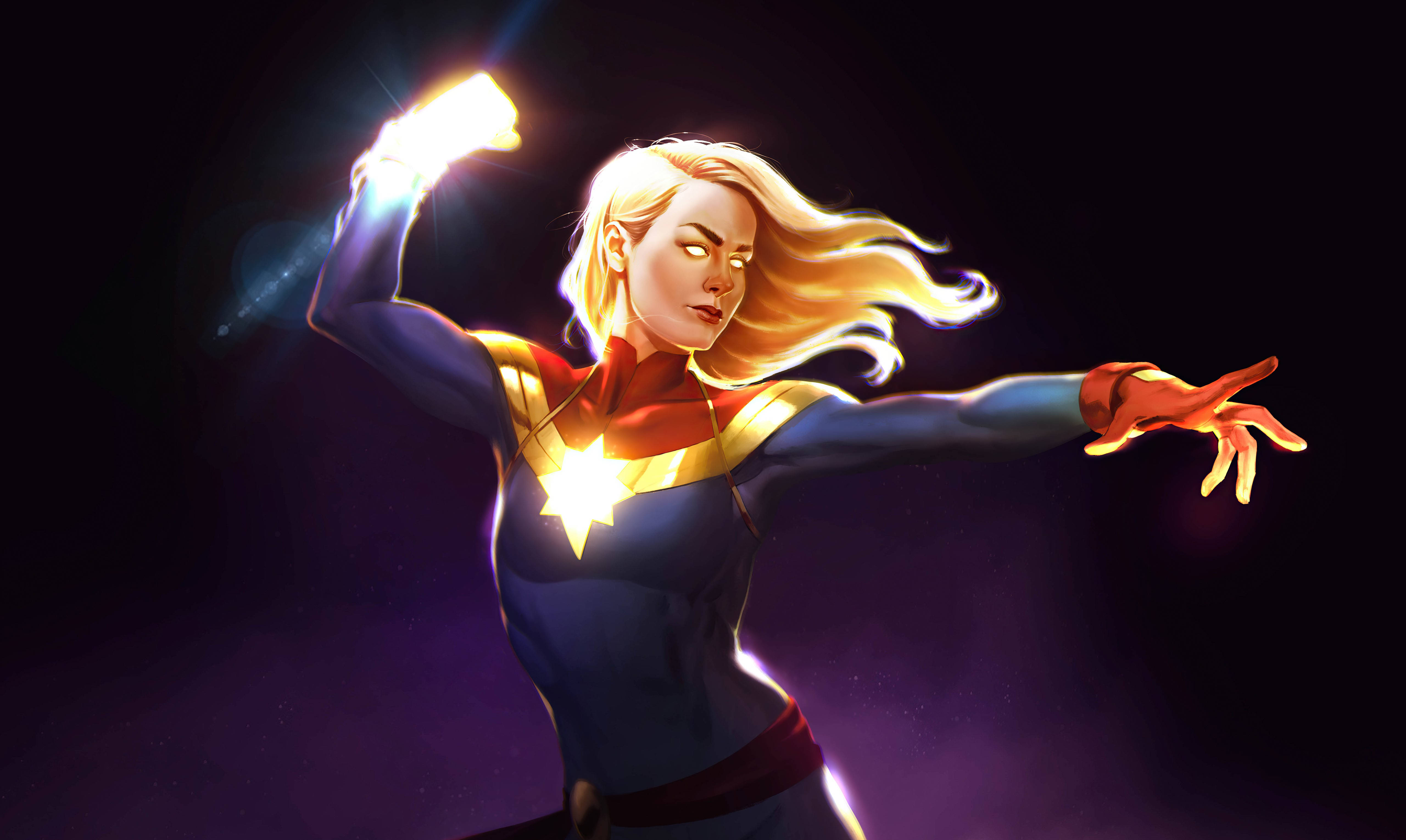 Marvel Aesthetic 桌布 壁紙 — Captain Marvel 以動感姿態在黑暗宇宙背景下散發能量光芒。
