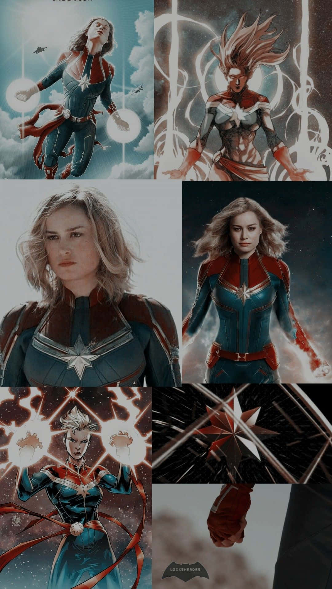 桌布 壁紙 — Captain Marvel 以漫畫和電影風格展現動感超級英雄姿勢，帶有宇宙能量和星星圖案。