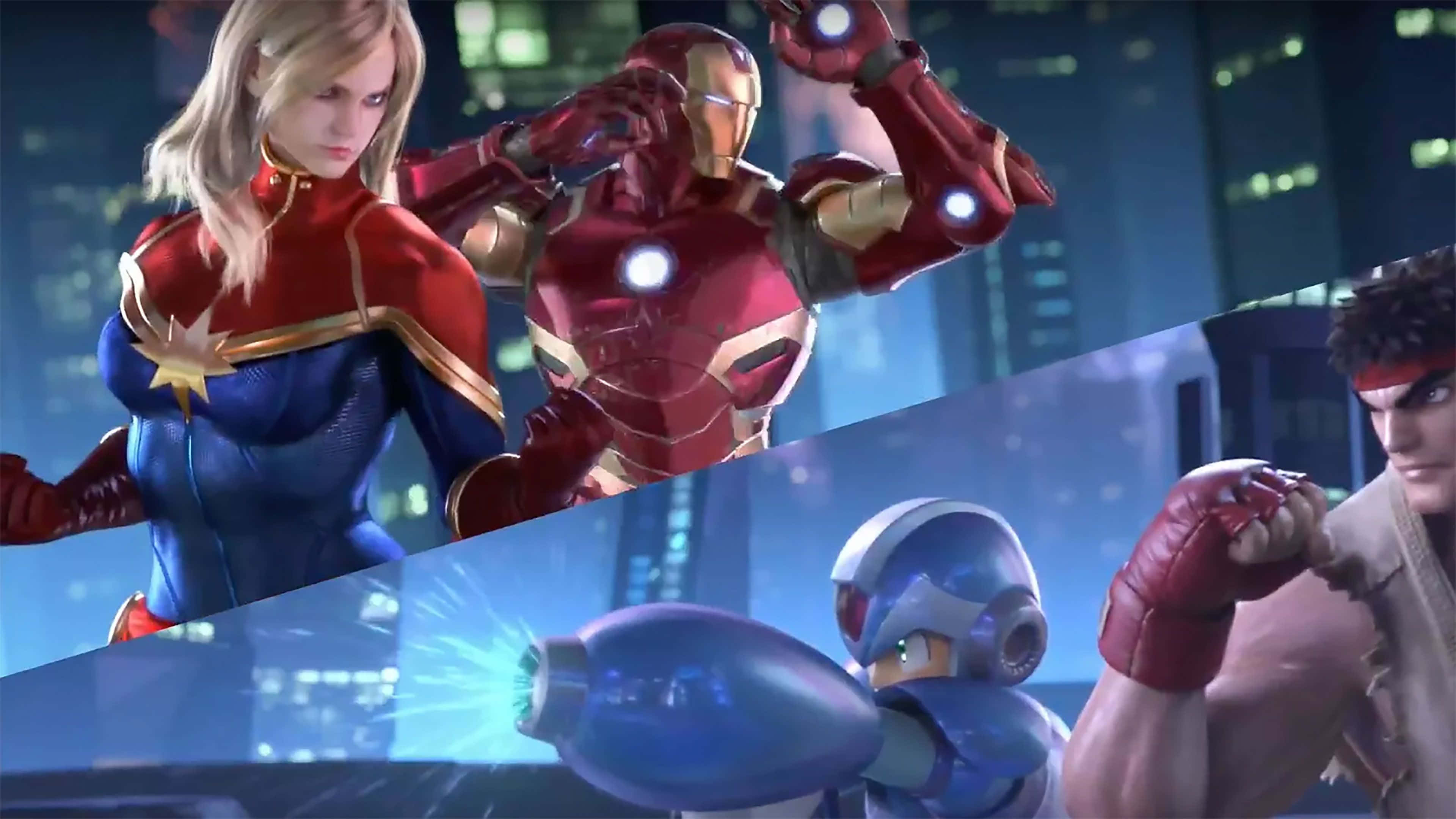 Marvel Vs Capcom 桌布 壁紙 — Captain Marvel 和 Iron Man 與 Mega Man 和 Ryu 一起在發光的城市背景下，處於動態的遊戲場景中準備就緒。