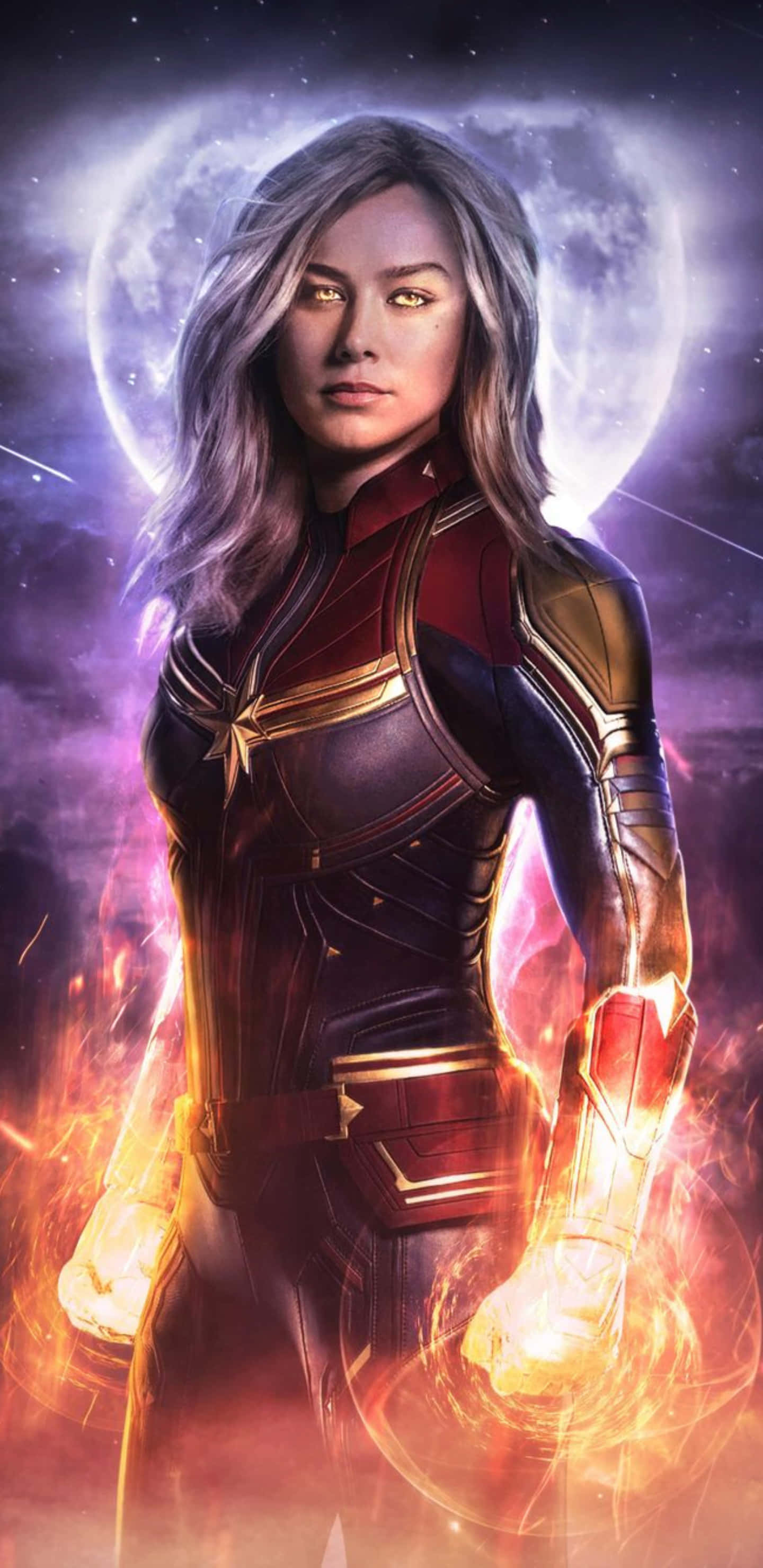 Hero 桌布 壁紙 — Captain Marvel 在宇宙背景下強勢站立，拳頭發光，身後有一輪滿月。