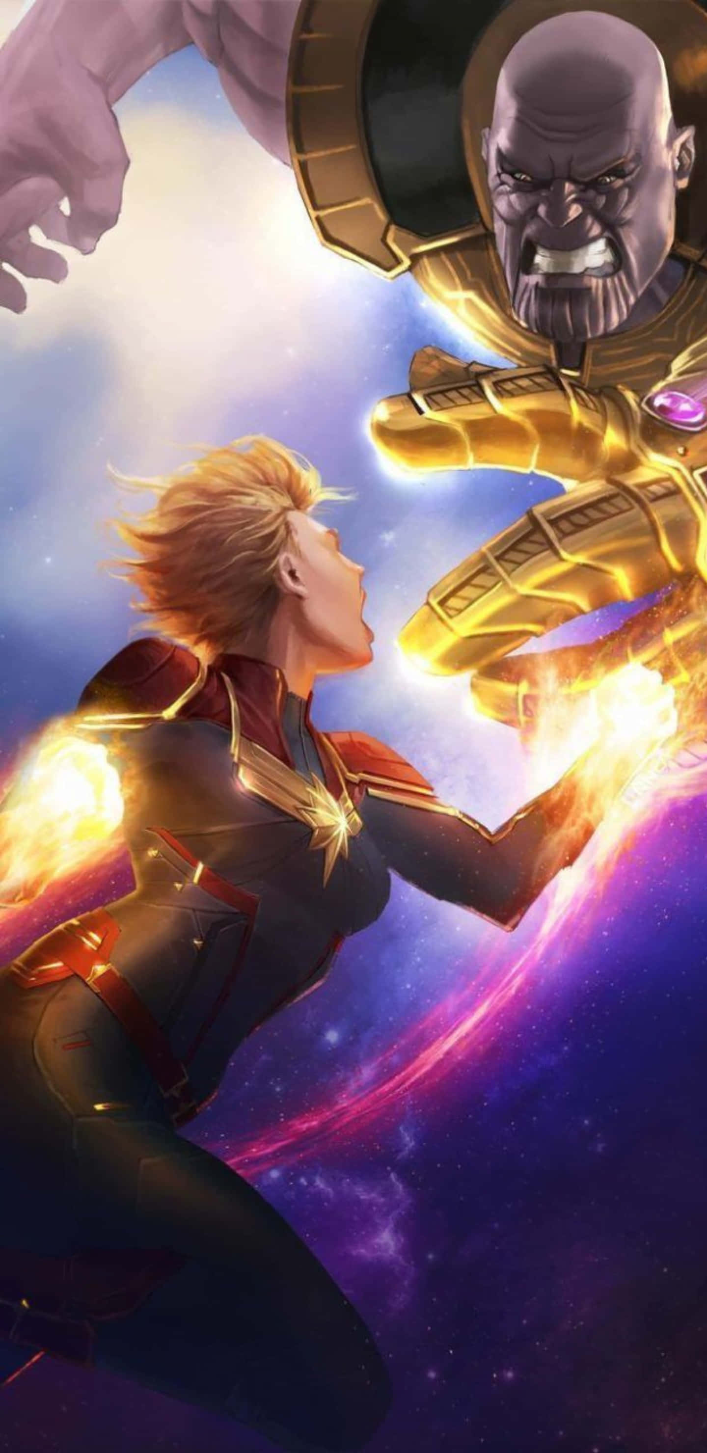 Pixel 3xl Captain Marvel 桌布 壁紙 — Captain Marvel 在宇宙戰鬥中對抗 Thanos，能量在他們之間劈啪作響，背景是充滿活力的星雲。