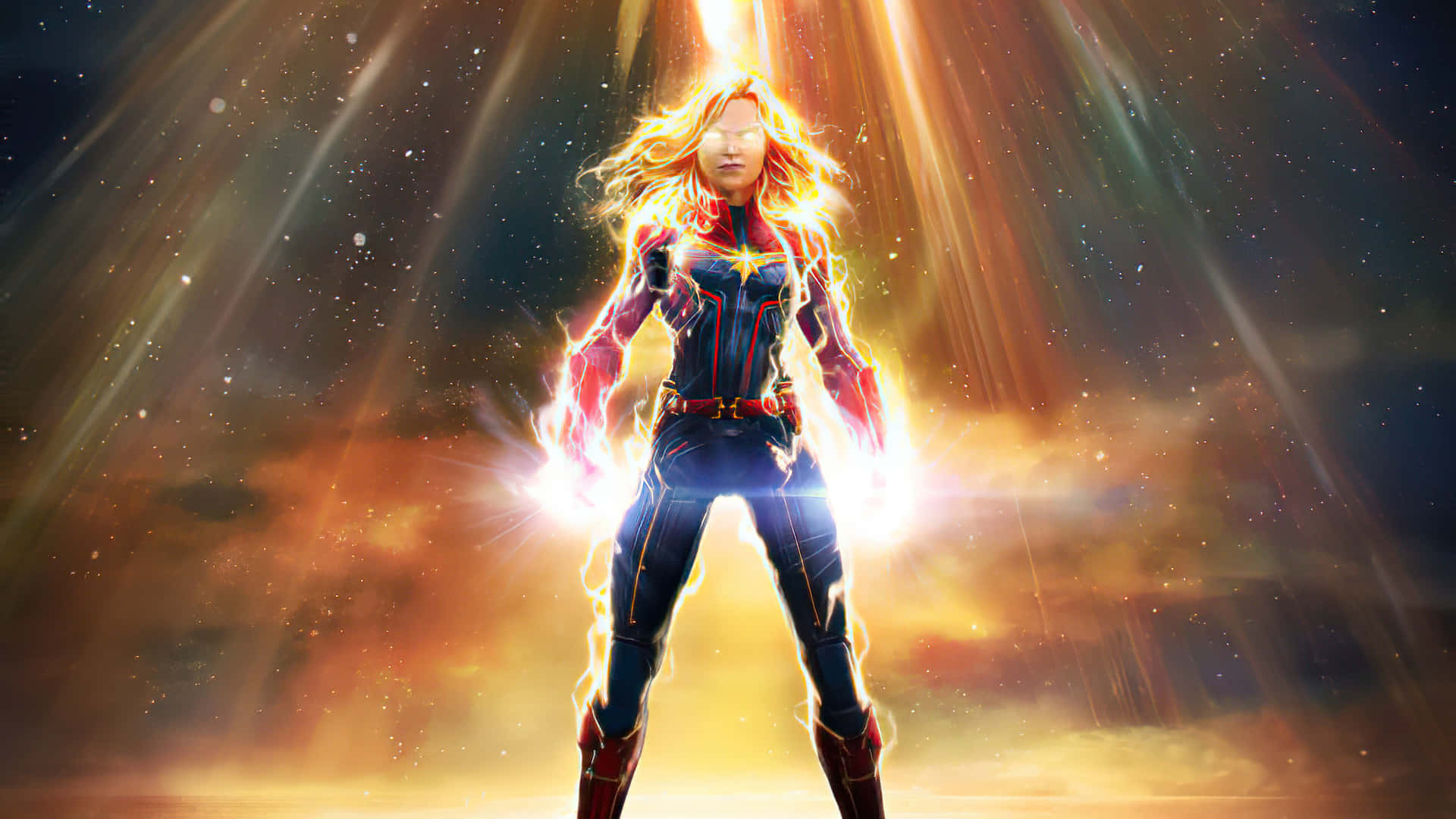 Captain Marvel HD 桌布 壁紙 — Captain Marvel 強勢站立，周圍放射能量劈啪作響，背景是金色光芒劃過的宇宙天空。