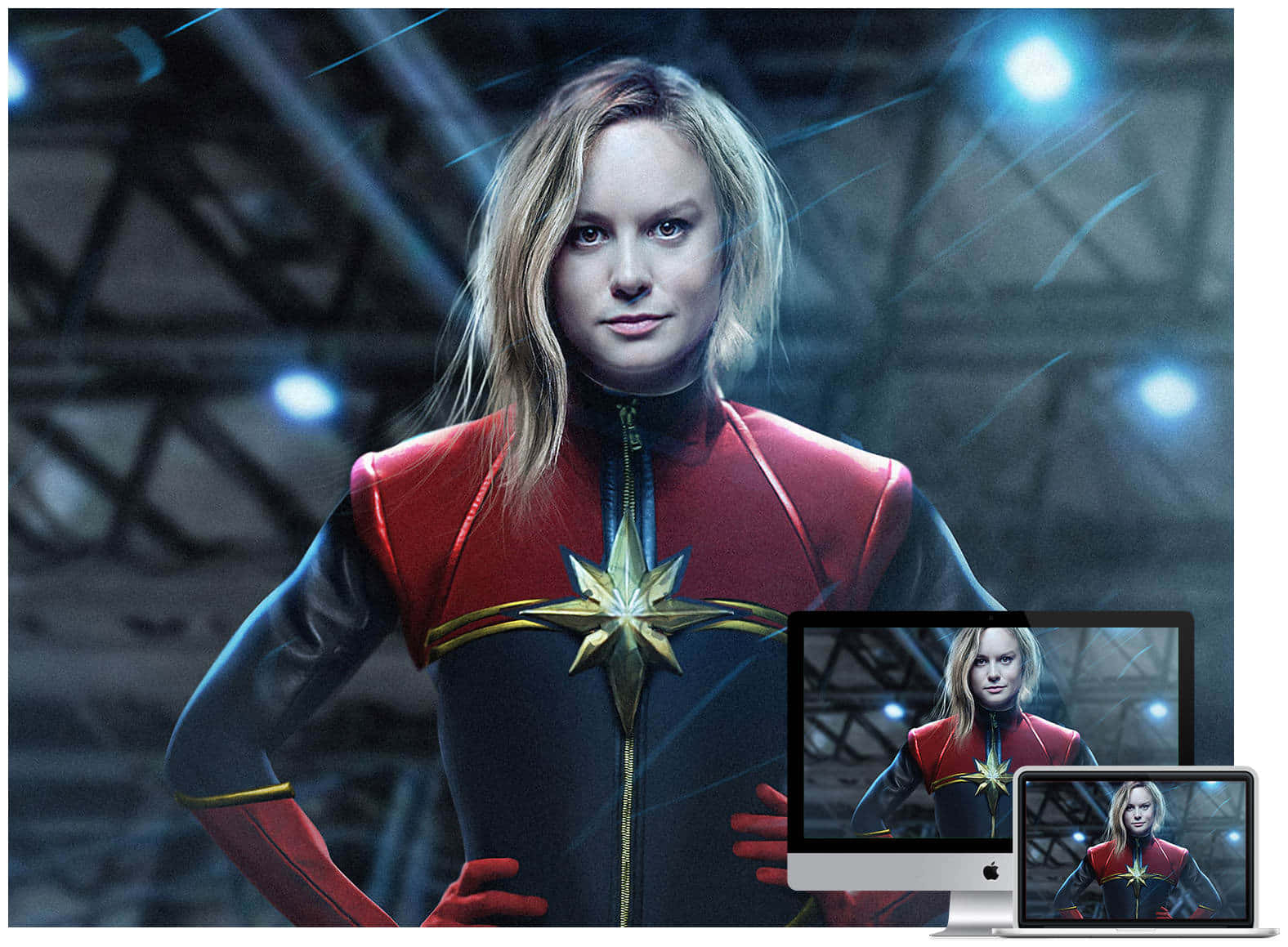 brie larson 桌布 壁紙 — Captain Marvel 自信地穿著紅藍色服裝，帶有金色星星標誌，背景是未來工業風格，配有藍色發光燈光。