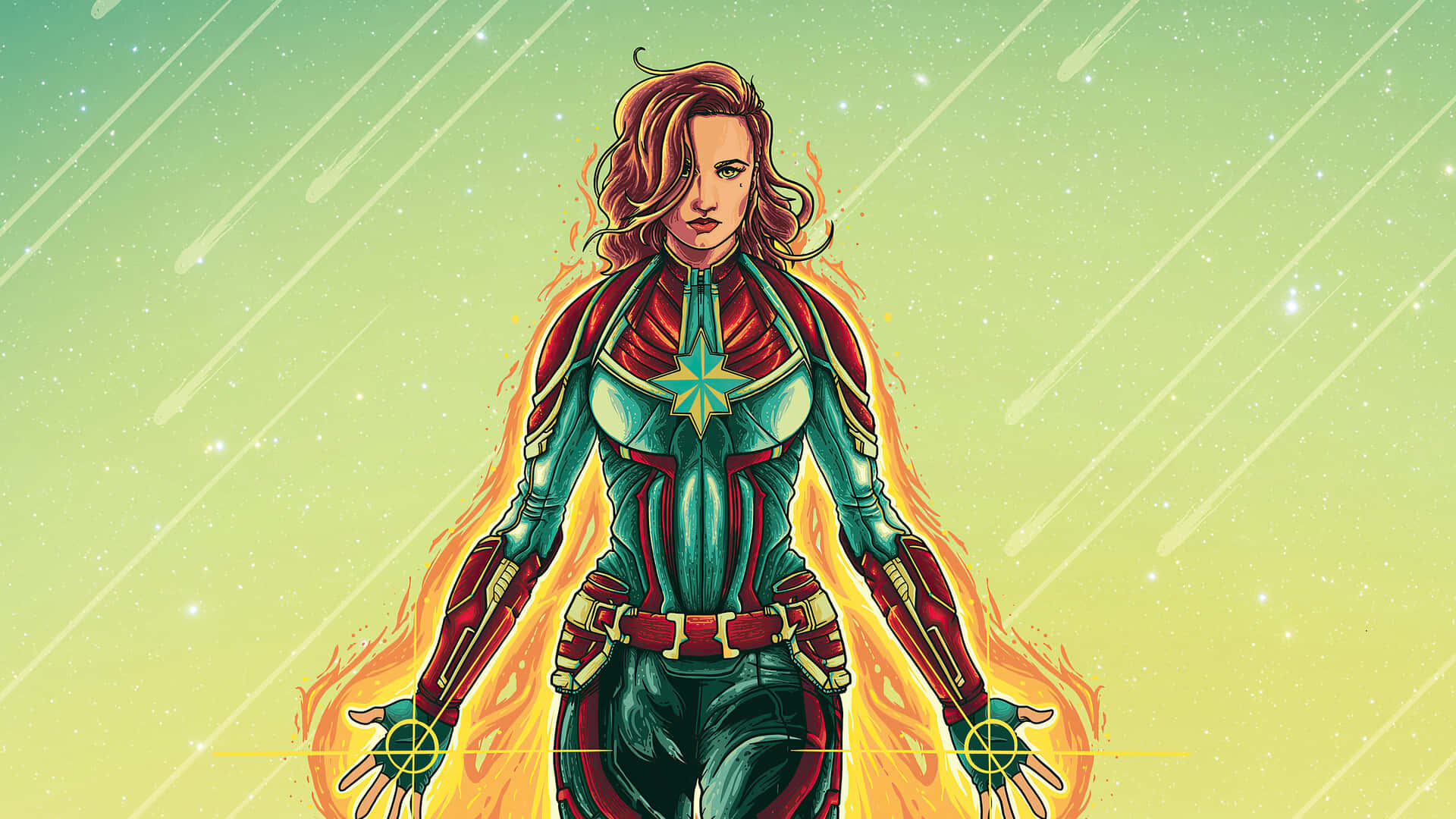 Captain Marvel HD 桌布 壁紙 — Captain Marvel 英雄地站在滿天星斗的綠色天空下，雙手散發出熾熱的能量。