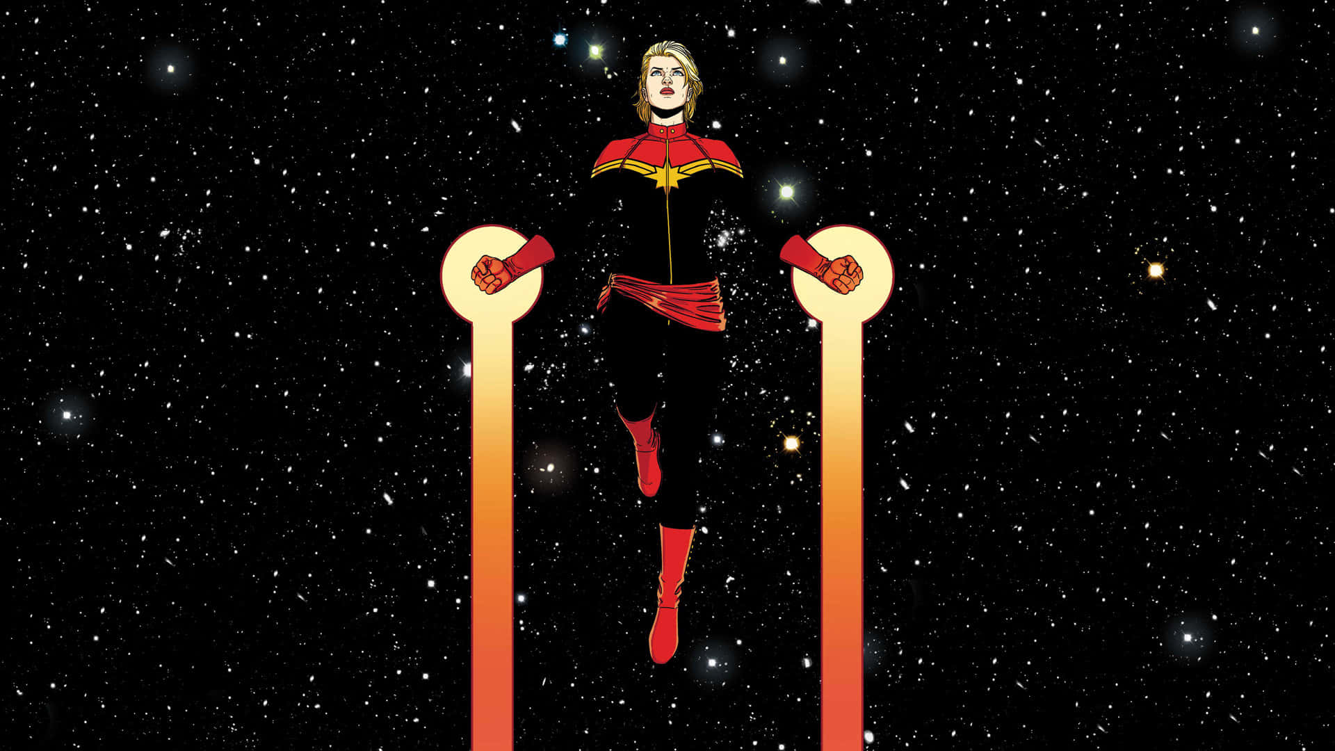 Captain Marvel Comic 桌布 壁紙 — Captain Marvel 英雄地站在兩根發光的柱子之間，背景是佈滿星星的宇宙。
