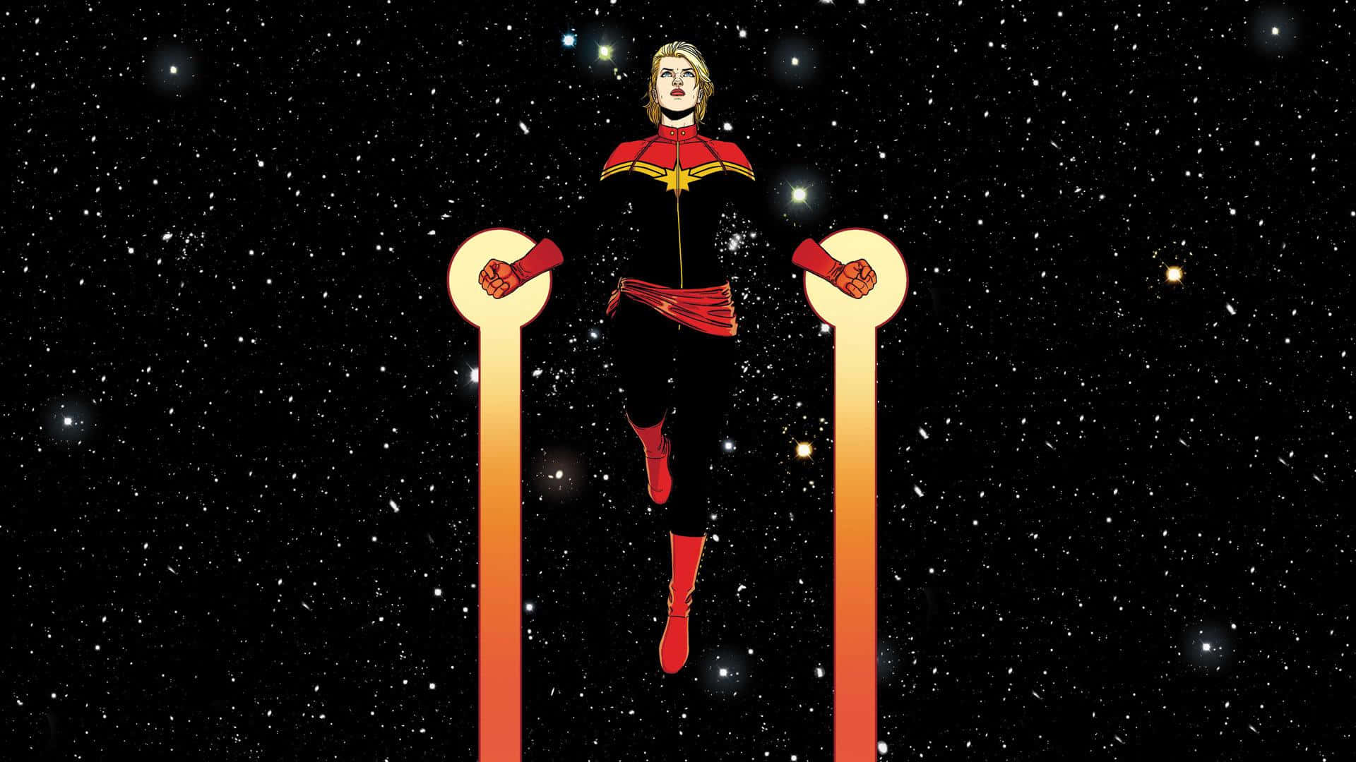 Captain Marvel HD 桌布 壁紙 — Captain Marvel 英雄地站在兩根發光的柱子之間，背景是繁星點點的宇宙。