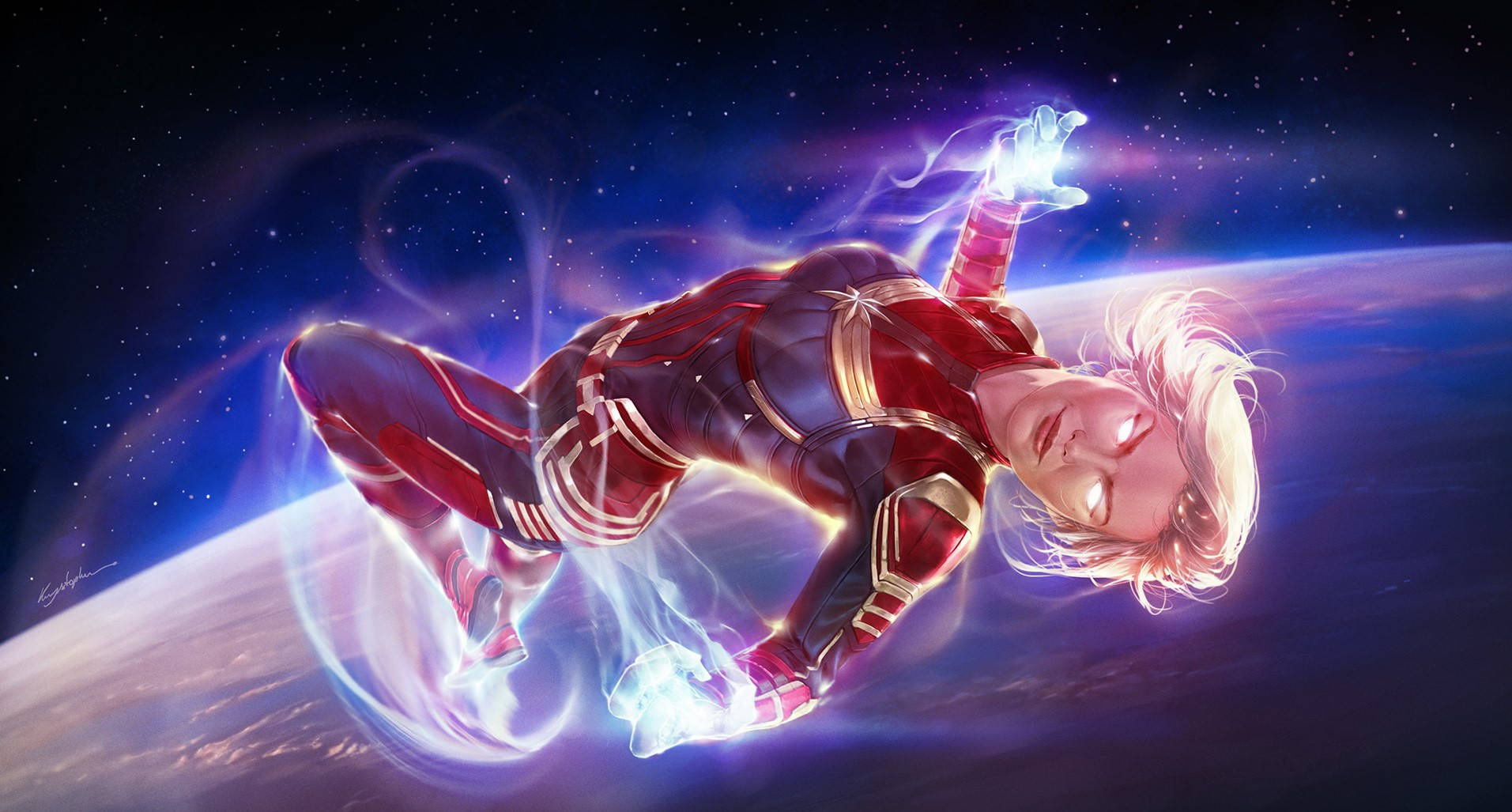 桌布 壁紙 — Captain Marvel 身穿紅色和金色戰衣，在星光燦爛的宇宙背景下，帶著發光的能量軌跡飛越太空。