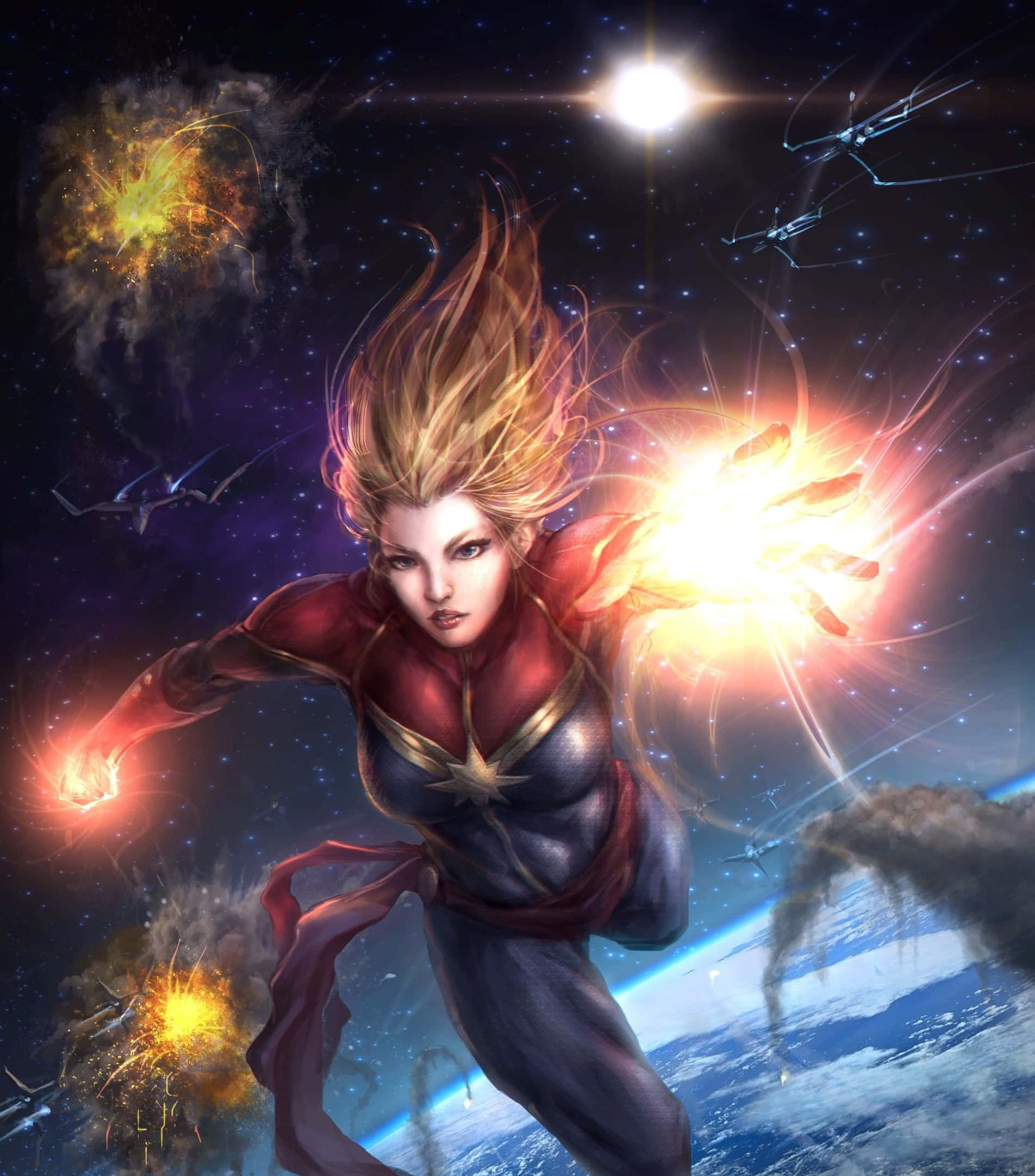 Captain Marvel 桌布 壁紙 — Captain Marvel 飛越太空，發射能量爆炸，地球在下方，星艦在宇宙背景中。