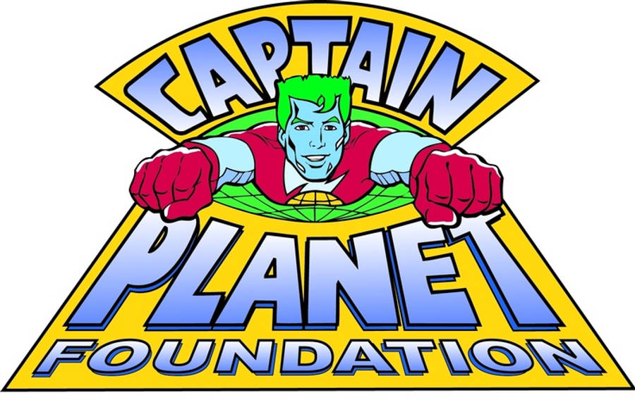 Captain Planet 桌布 壁紙 — Captain Planet 標誌，綠色頭髮的英雄穿著紅色套裝，從地球上方黃色盾牌中衝出。