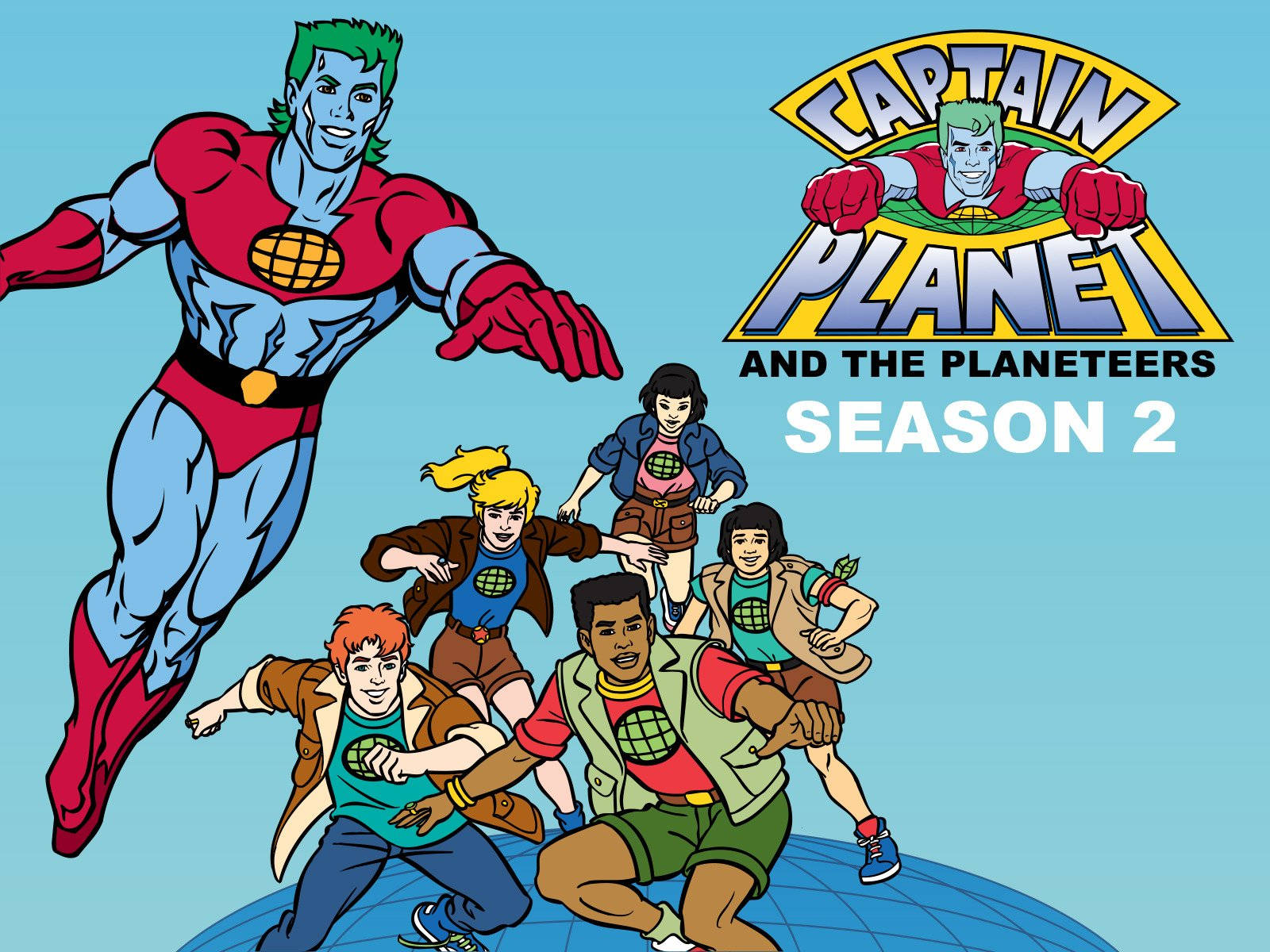Captain Planet 桌布 壁紙 — Captain Planet 與 Planeteers 在清澈的藍天下以大膽的漫畫線條和鮮豔色彩動態跳躍。
