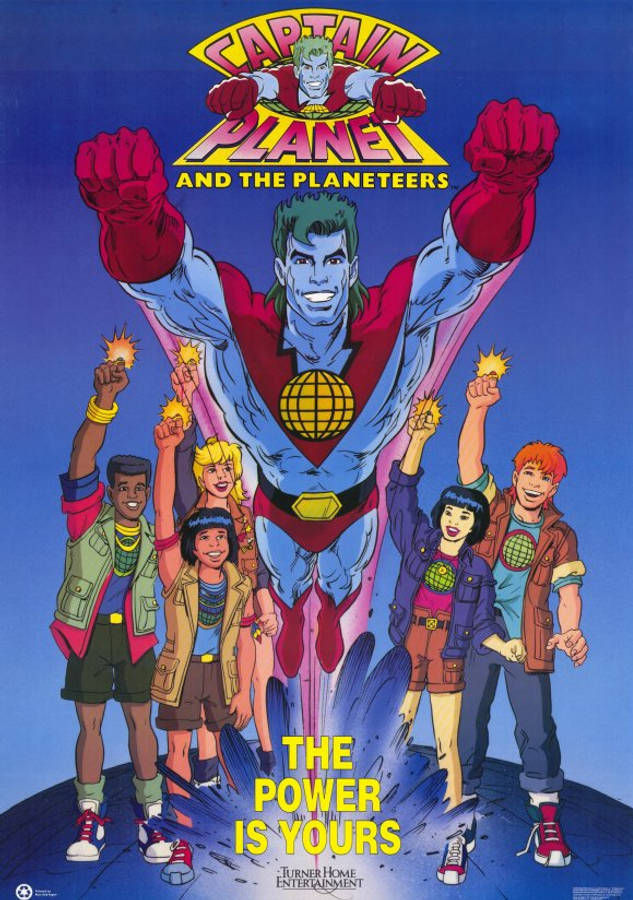 Captain Planet 桌布 壁紙 — Captain Planet 與 Planeteers 在藍天下高舉拳頭，每人手持發光的元素力量，展現勝利姿態。
