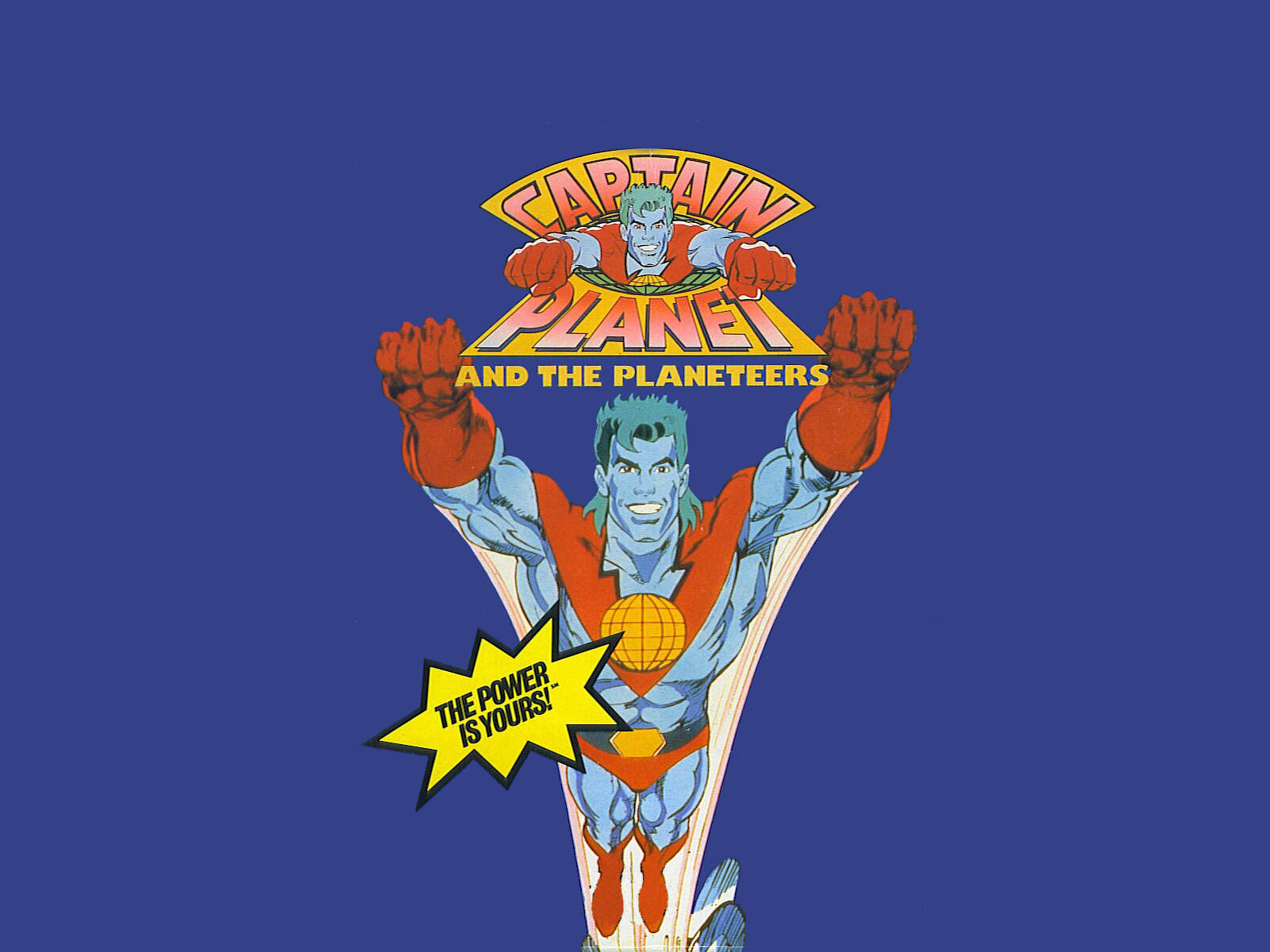 Captain Planet 桌布 壁紙 — Captain Planet 英雄地舉起拳頭，站在純藍色背景前，身穿標誌性的紅藍服裝，帶有黃色星球標誌。