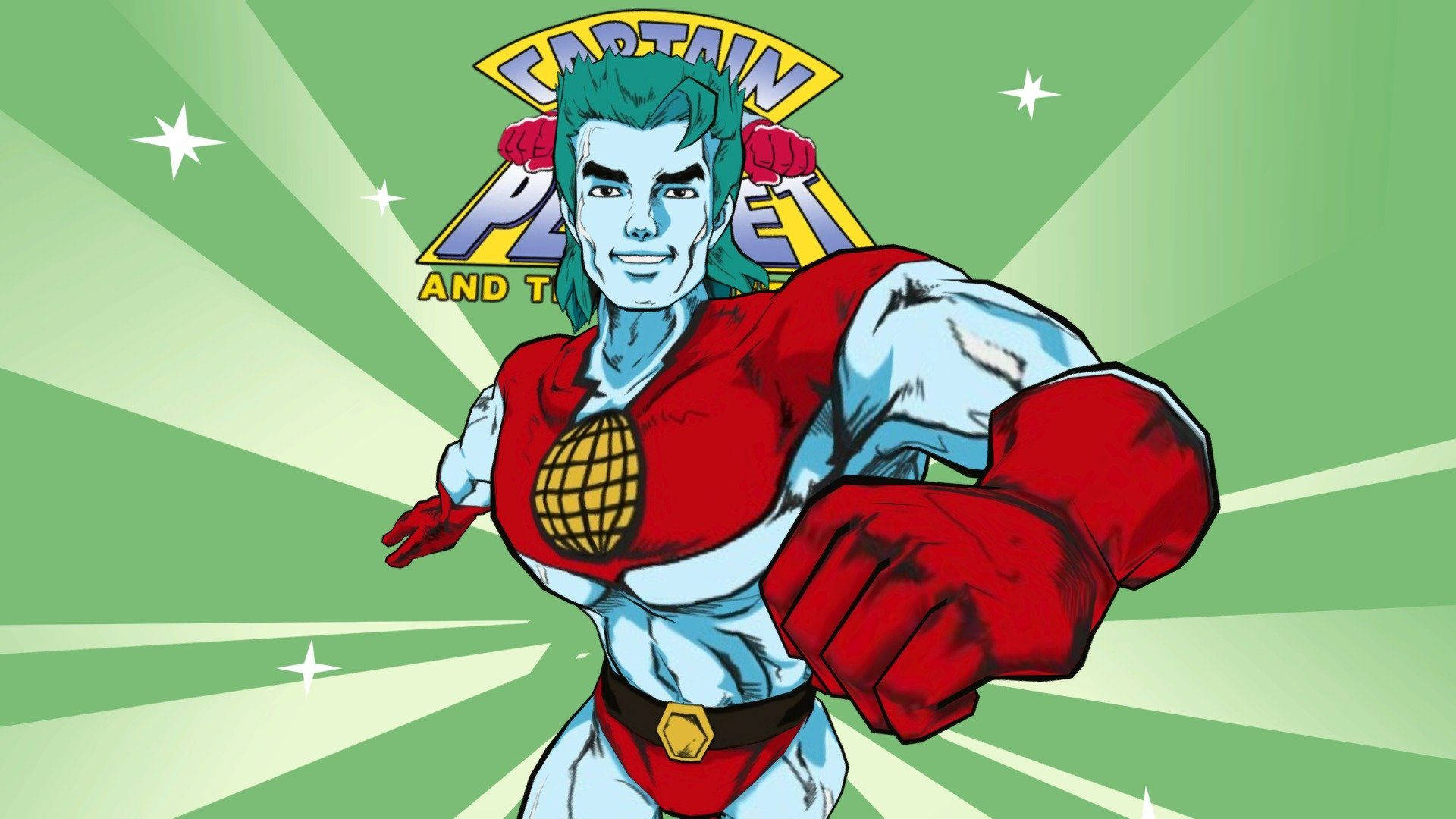 Captain Planet 桌布 壁紙 — Captain Planet 身穿紅藍服裝，英雄般地站在帶有白色星星的綠色放射狀背景前。